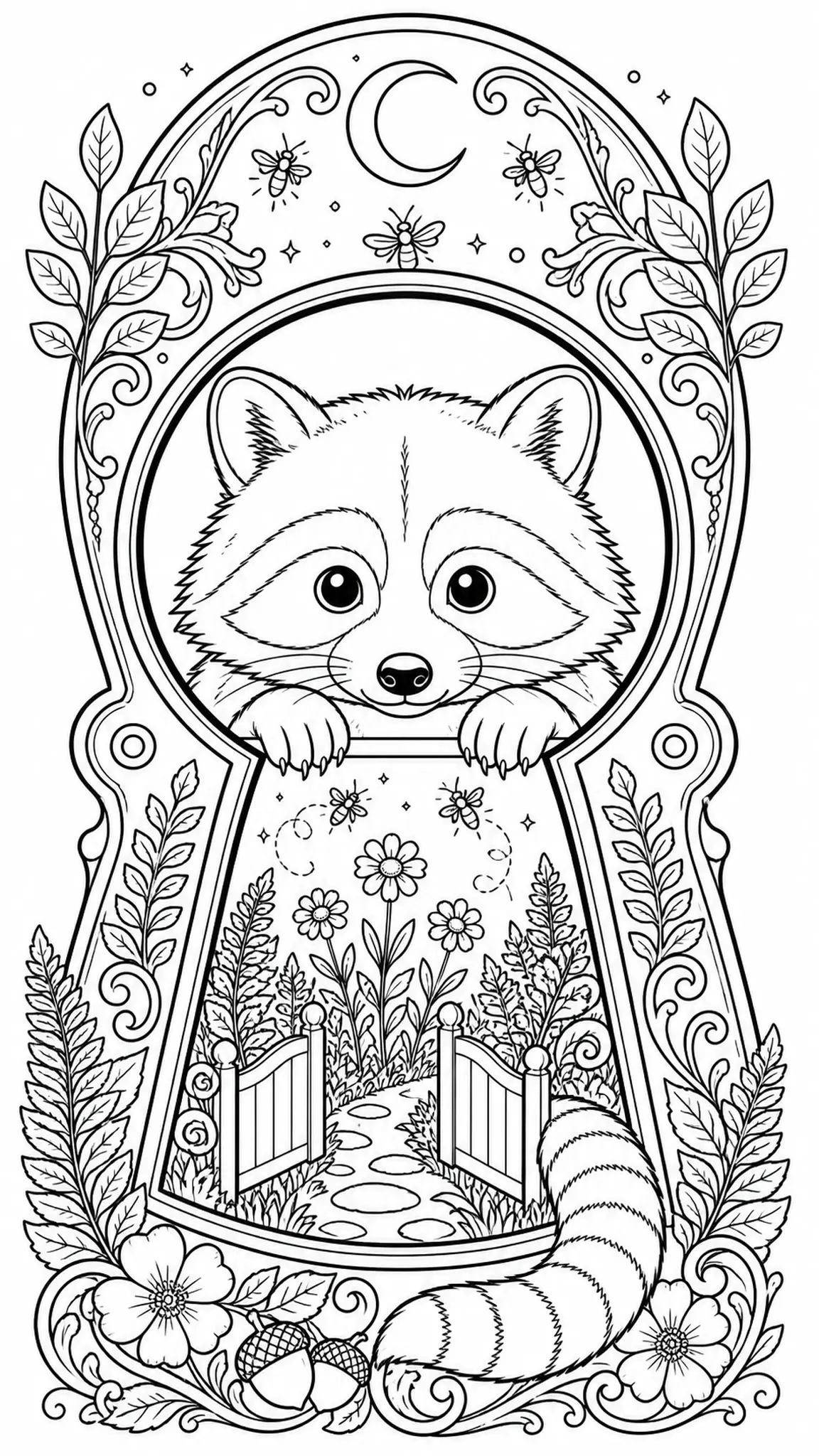 A raccoon coloring page with a keyhole garden scene, moon, flowers, and butterflies.
