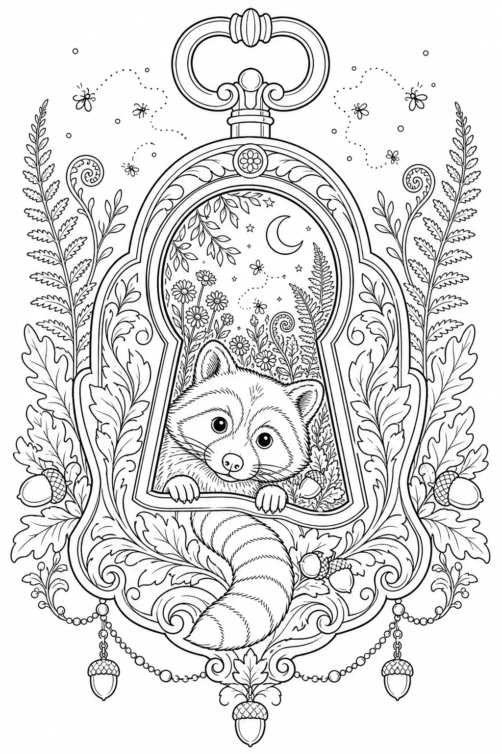 A raccoon peeks through an ornate keyhole frame with acorns, leaves, flowers, a moon, and fireflies coloring page.