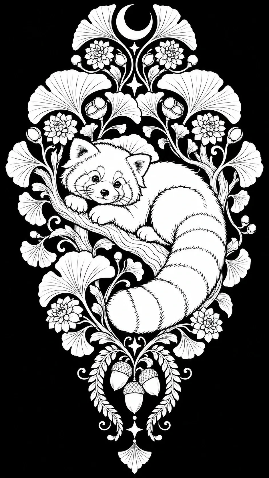A black-and-white coloring page shows a red panda resting on a branch among flowers, fan-shaped leaves, acorns, and a crescent moon.