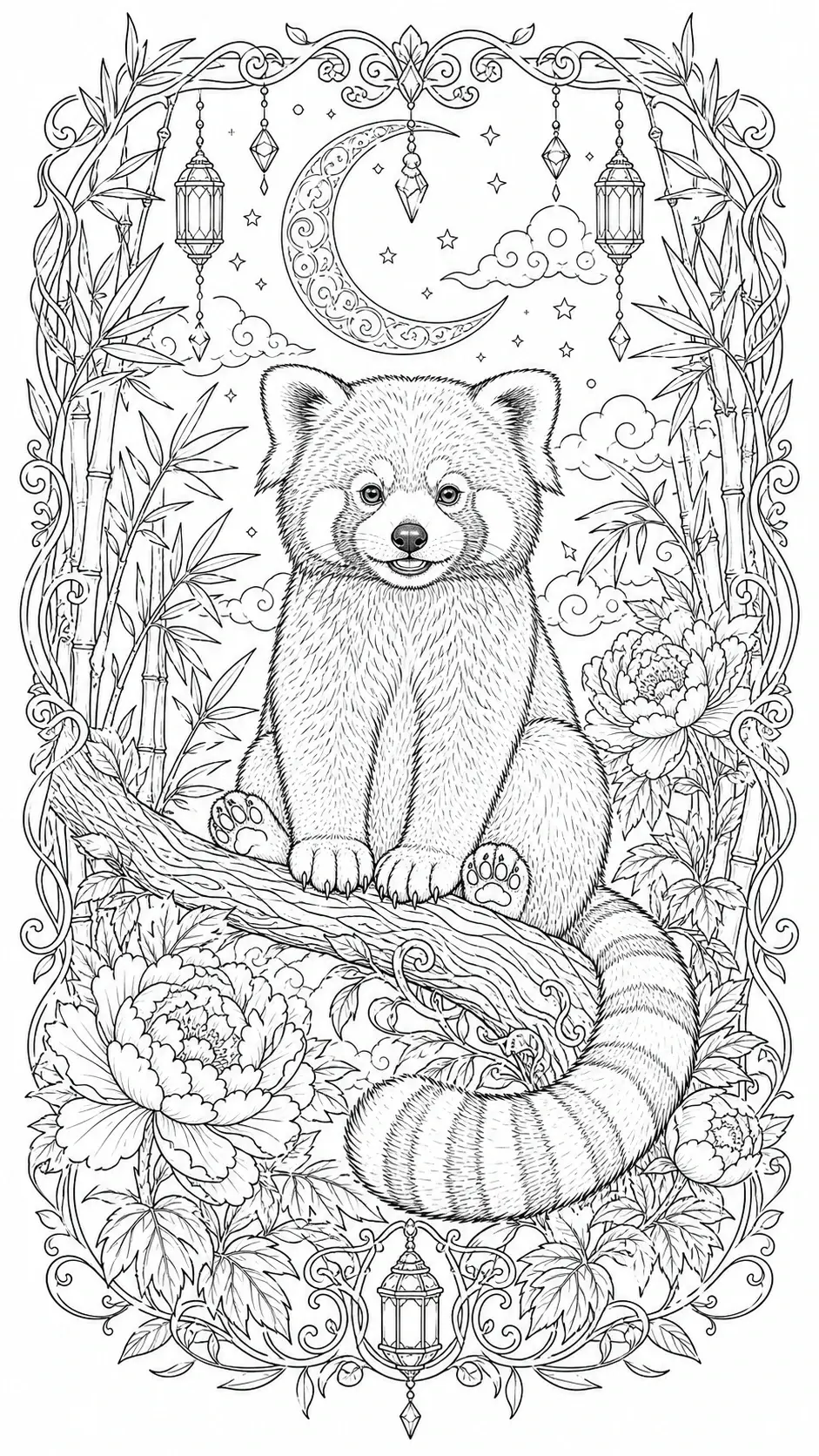 A detailed red panda coloring page with a crescent moon, hanging lanterns, bamboo, and flowers.