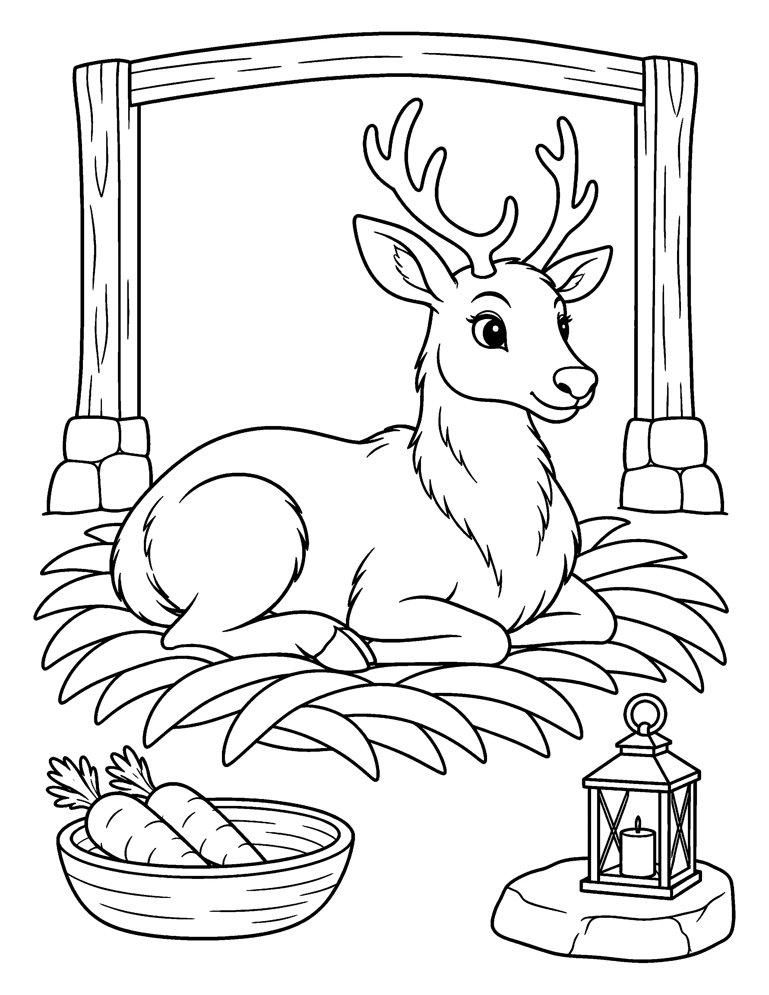 A cute antlered reindeer sits on leafy bedding beneath a wooden arch, beside a bowl of carrots and a candle lantern in this coloring page.
