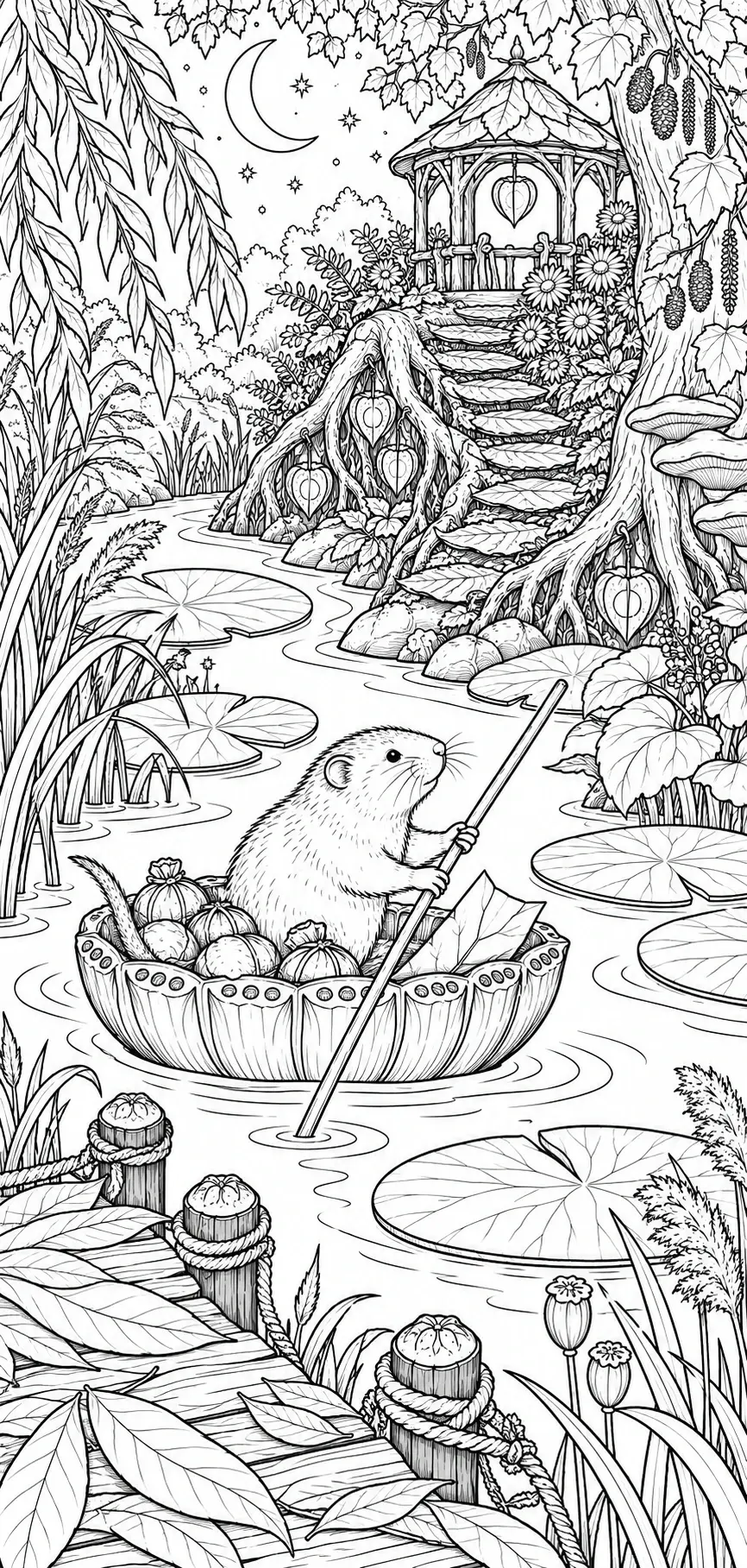 A small furry rodent holds a paddle in a pumpkin-filled boat on a pond with lily pads, flowers, trees, and a gazebo in this detailed coloring page.