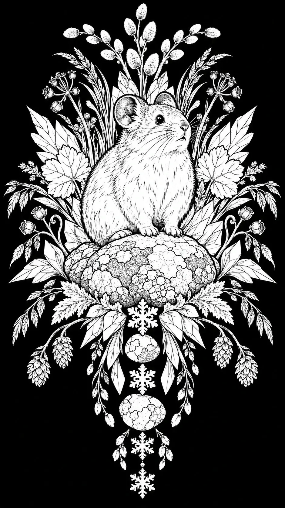 A detailed black-and-white coloring page shows a round-eared rodent perched on a textured oval shape amid leaves, flowers, and hanging snowflakes.