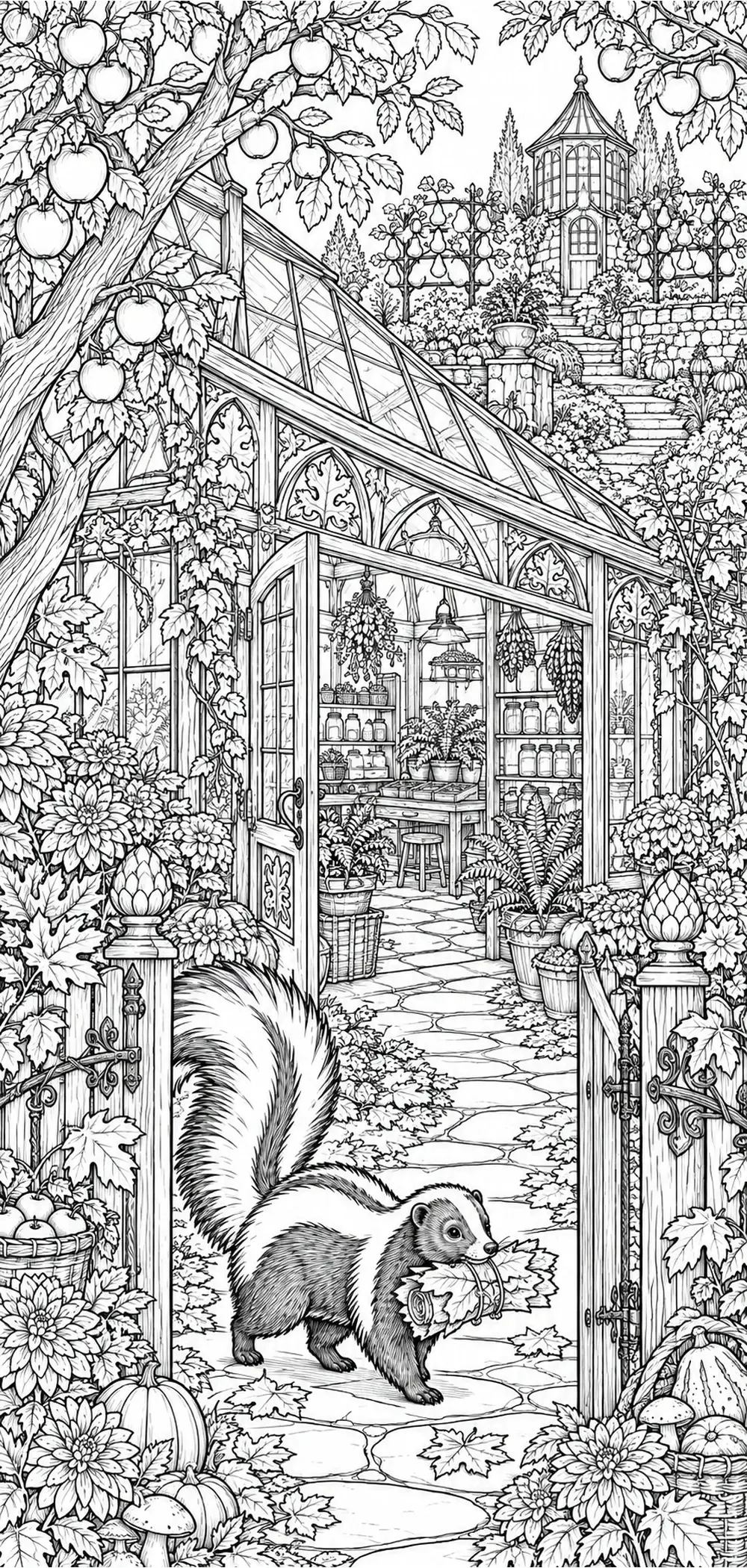 A skunk carrying leaves walks along a path in a detailed black-and-white coloring page of a greenhouse garden.