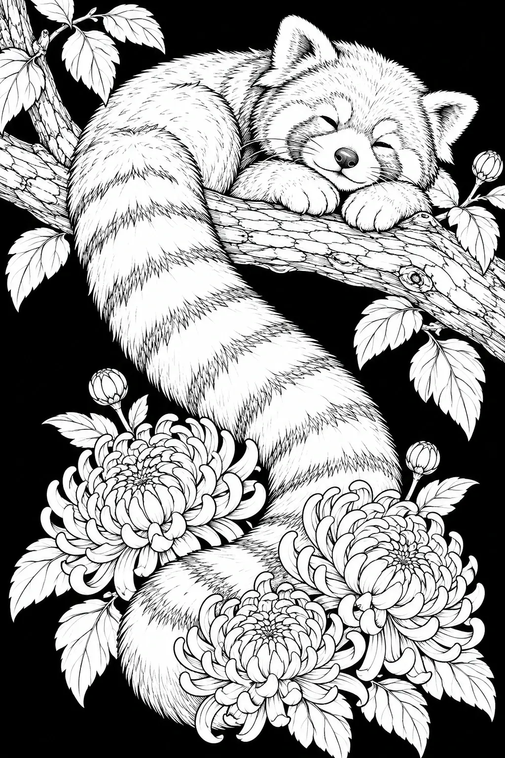 A detailed black-and-white coloring page shows a sleeping red panda curled on a tree branch among large flowers and leafy twigs.
