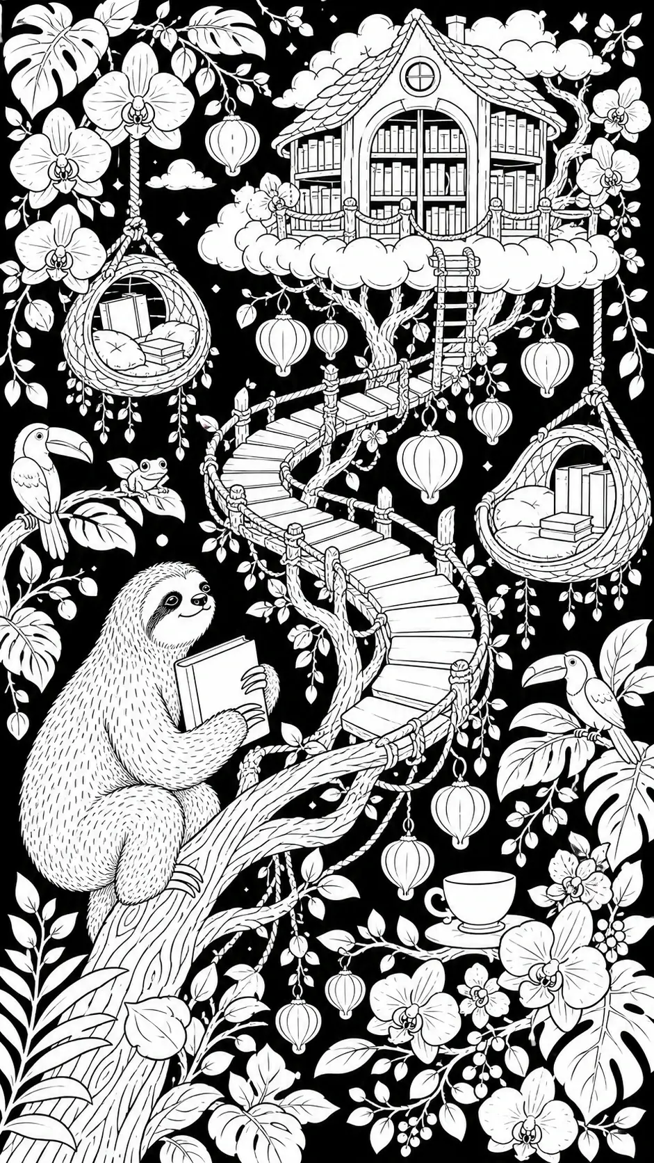 A sloth sits on a tree branch holding a book in a black-and-white coloring page with a treehouse library, birds, flowers, and hanging lanterns.
