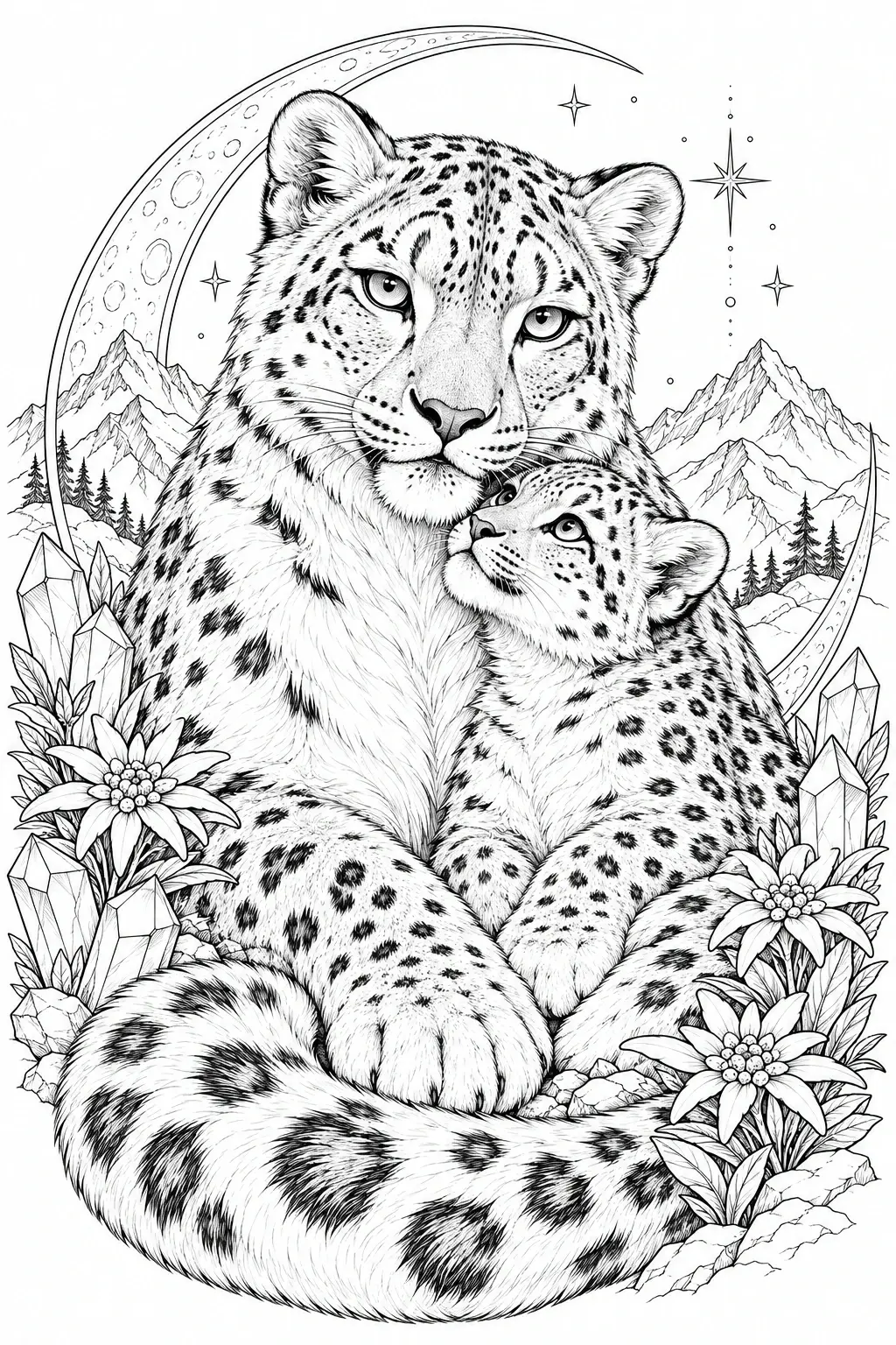 This black-and-white coloring page shows an adult snow leopard cuddling a cub among mountain peaks, stars, crystals, and flowers.