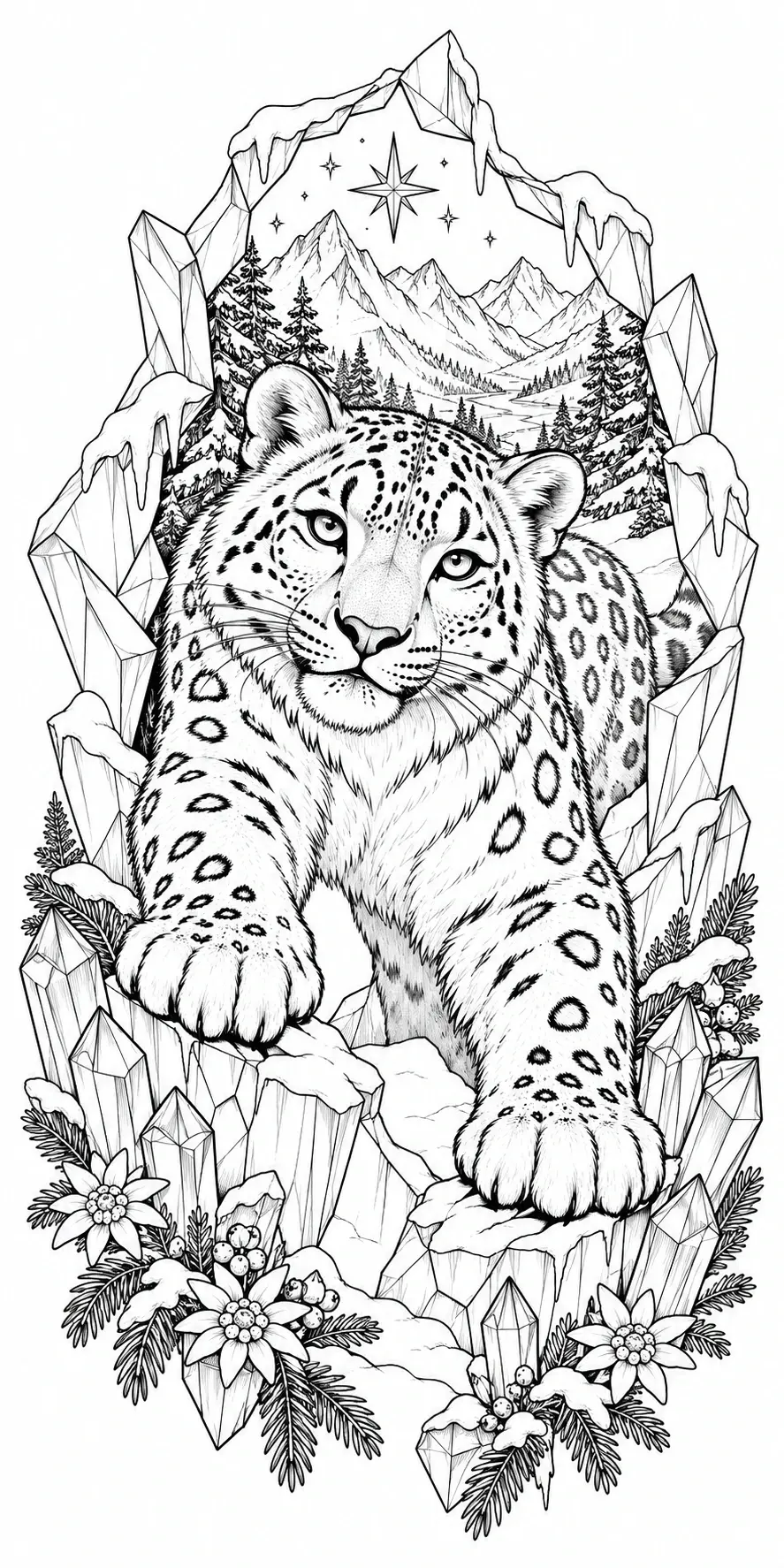 A snow leopard coloring page shows a large wild cat resting among icy crystals with snowy mountains and pine trees in the background.