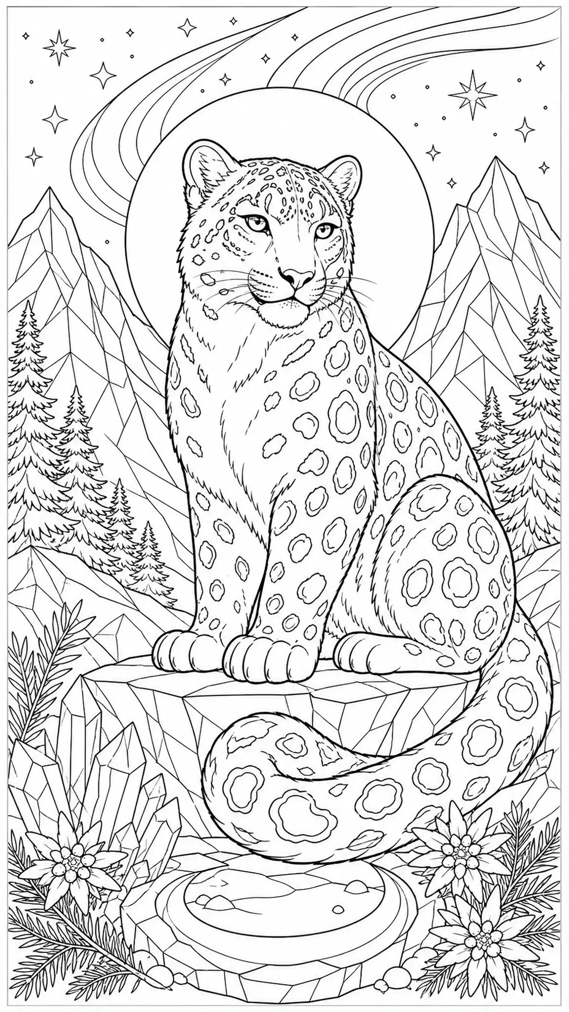 A snow leopard sits on a rock with mountains, stars, and pine trees in a coloring page.