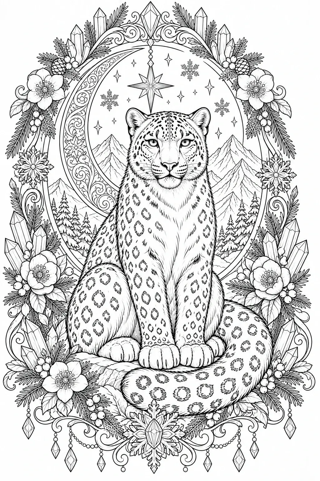 A snow leopard sits in a black-and-white coloring page framed by flowers, crystals, stars, mountains, and snowflakes.