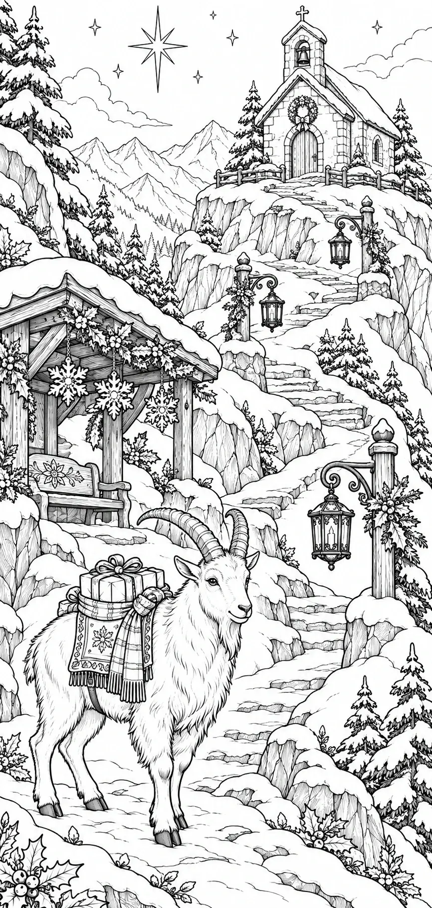 A detailed black-and-white coloring page shows a goat wearing a patterned blanket and carrying gifts on a snowy path below a chapel.