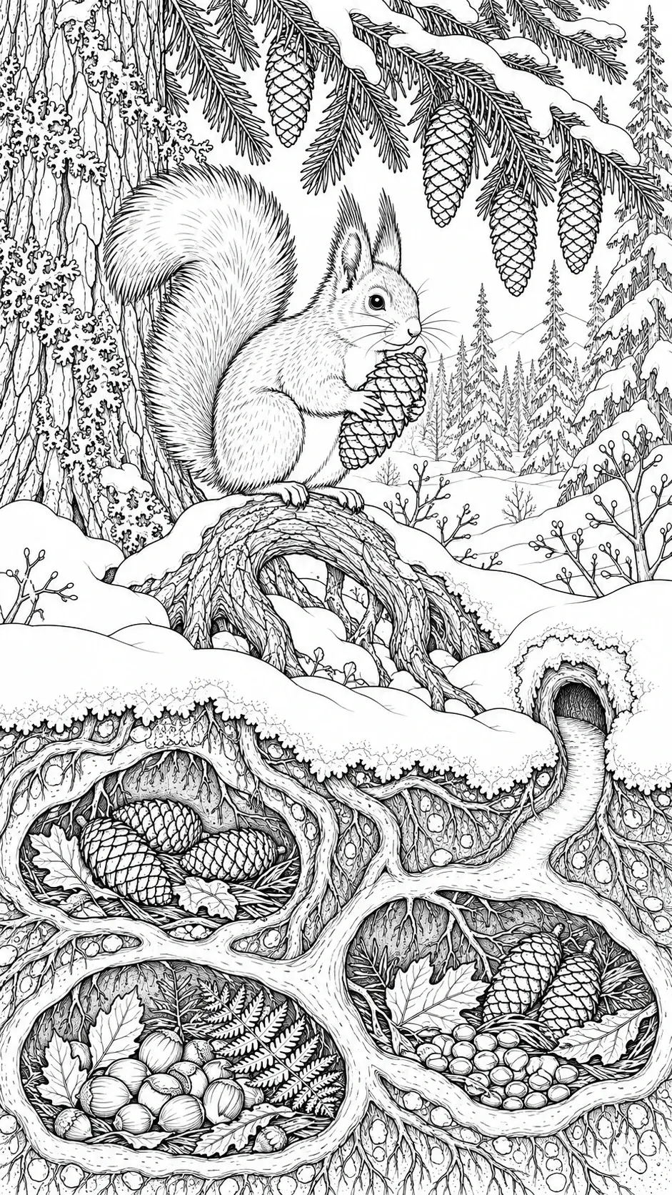 A squirrel holds a pine cone above snow-covered roots, with pine branches, cones, and woodland details in this intricate coloring page.