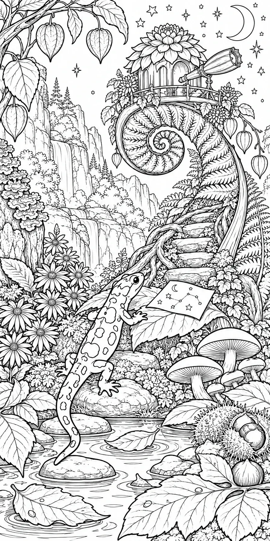 A spotted salamander stands beside a star chart in a detailed forest with a winding leafy staircase, waterfall, flowers, mushrooms, moon, and stars in this coloring page.
