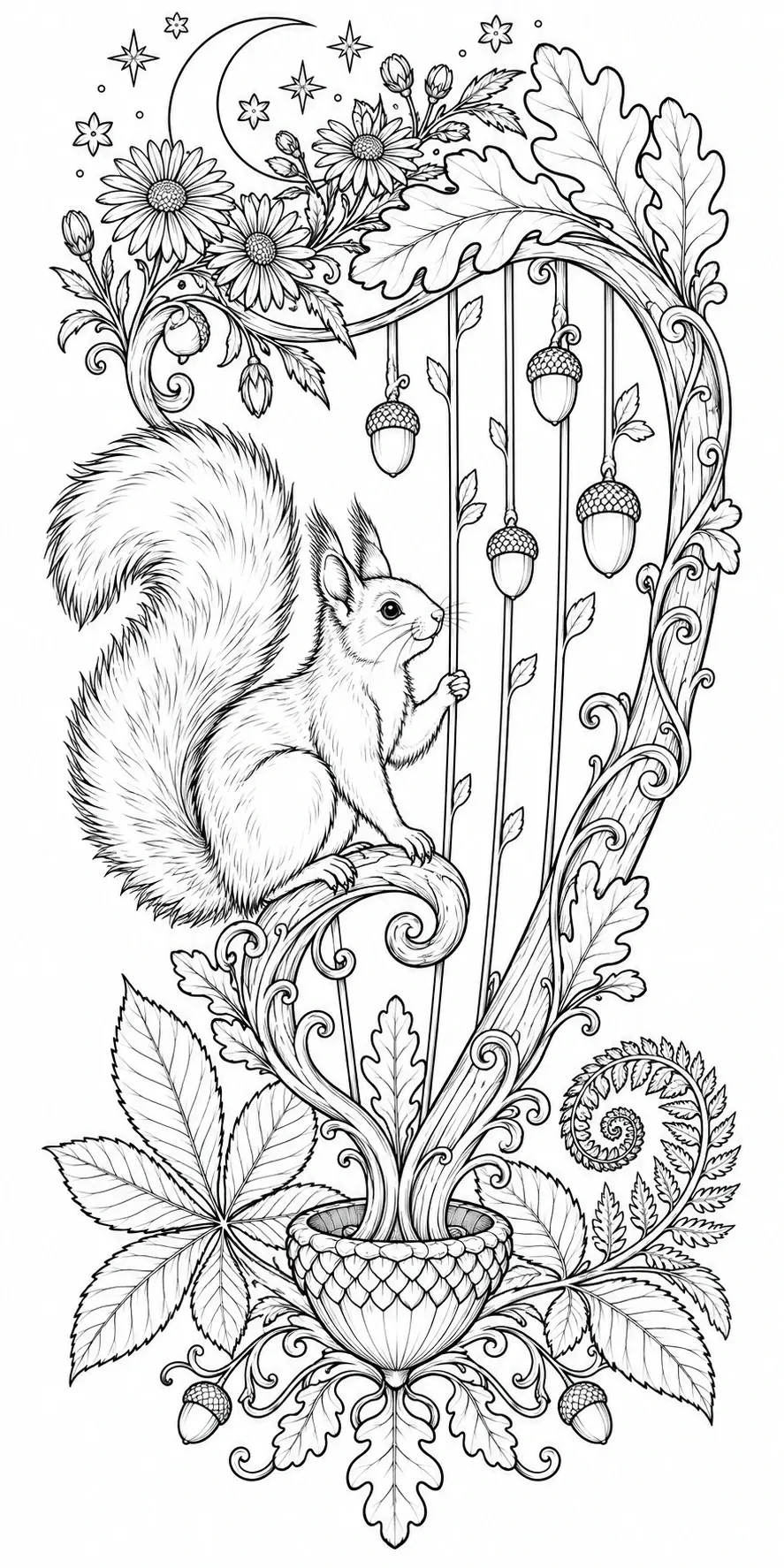 A detailed squirrel sits among curling vines, hanging acorns, oak leaves, flowers, and a crescent moon in an ornate coloring page.