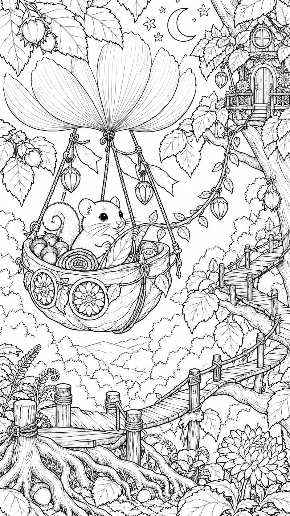 A squirrel rides in a leaf-sailed boat beneath a crescent moon, surrounded by a treehouse, wooden bridges, leaves, and flowers in this coloring page.