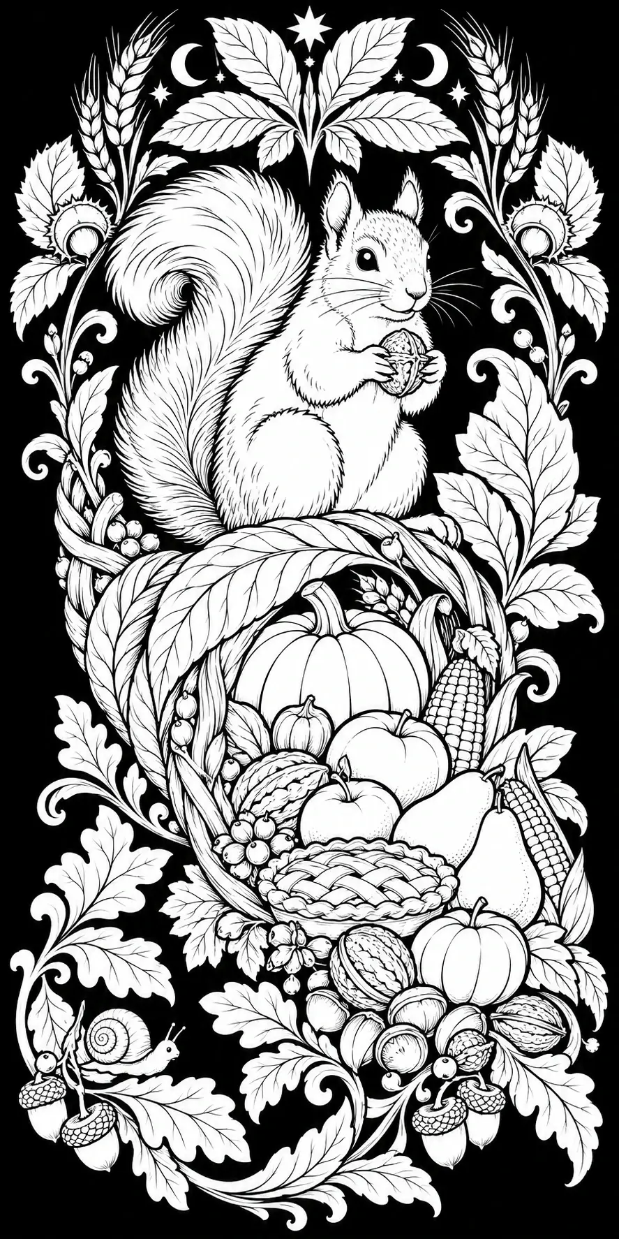 A squirrel holding a nut sits among pumpkins, corn, fruit, pie, acorns, a snail, and detailed leaves in this black-and-white coloring page.