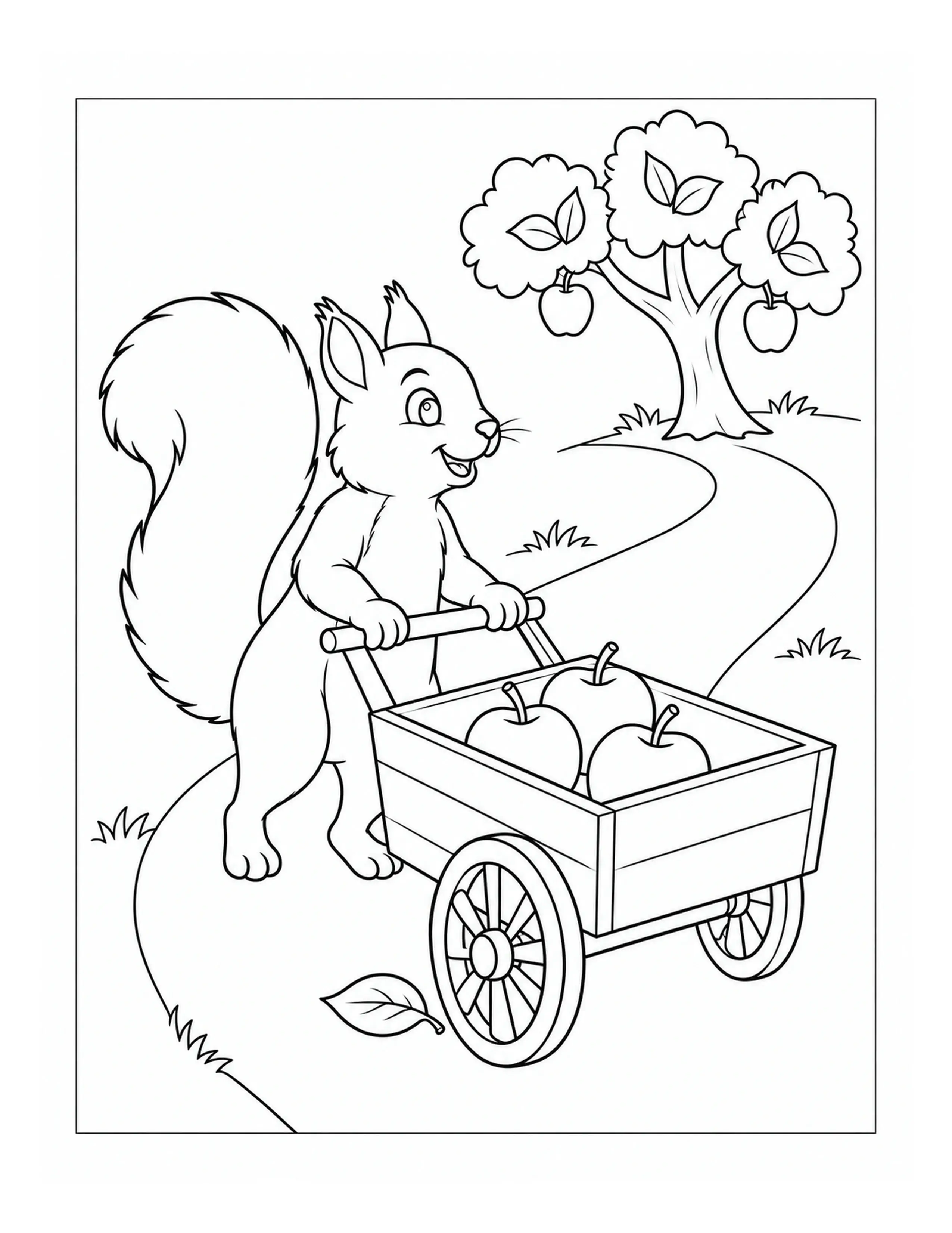 A smiling squirrel pulls a wagon filled with apples beside an apple tree on this coloring page.