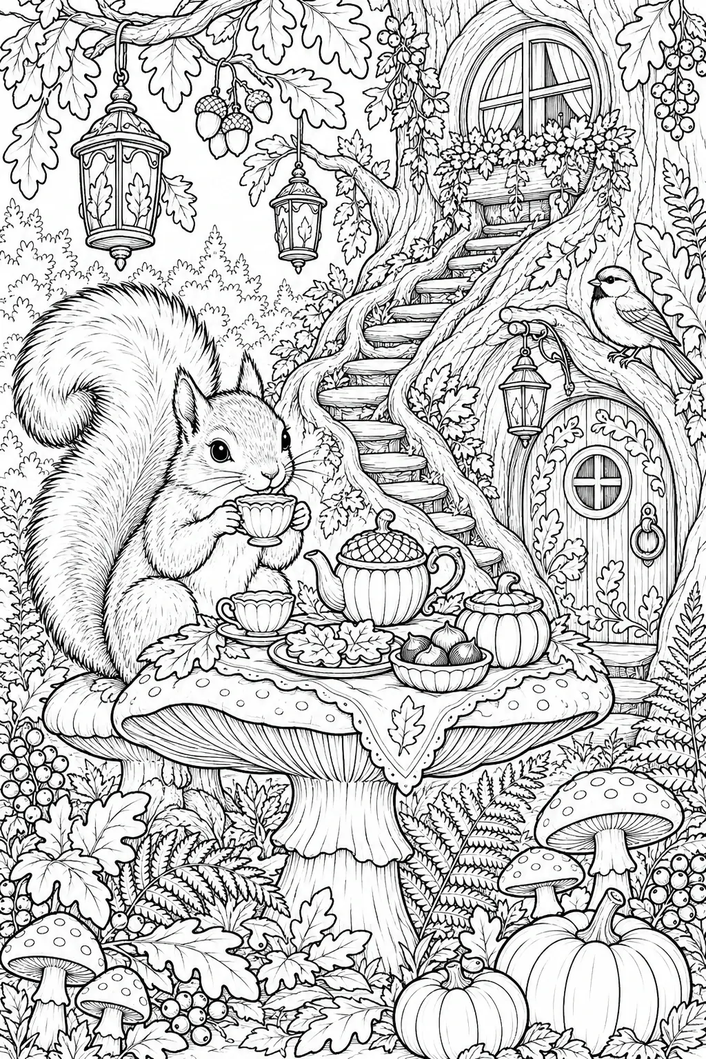 A squirrel holds a teacup beside a teapot in a black-and-white coloring page with acorns, lanterns, and a treehouse scene.