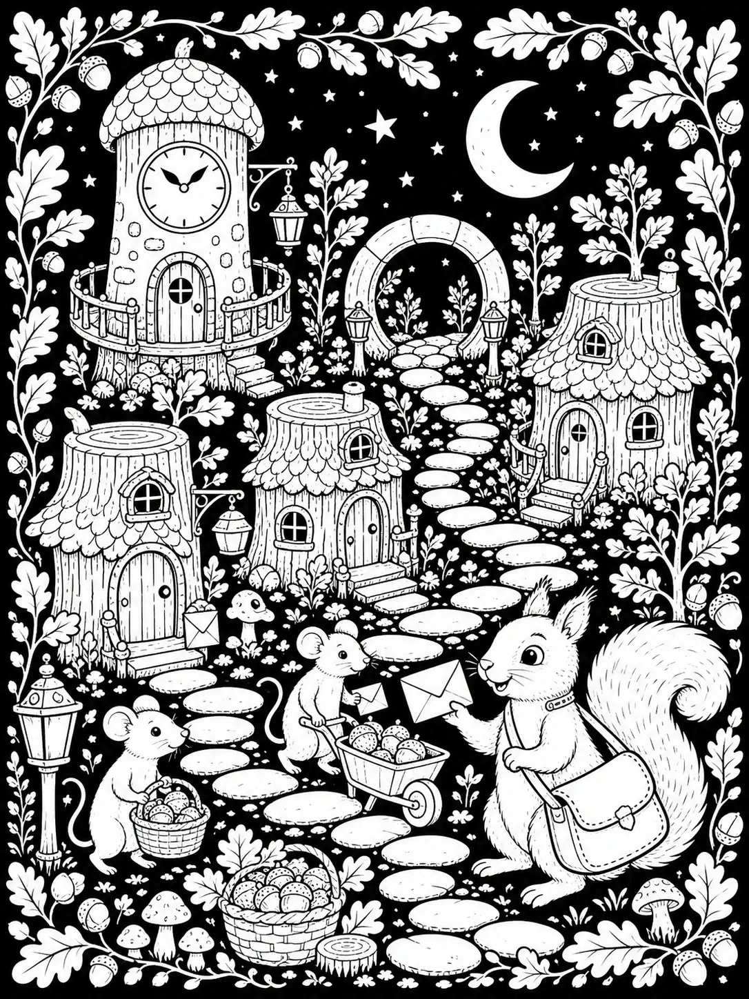 A coloring page showing squirrels in a woodland village with acorn houses, lanterns, a moon, and a starry sky.
