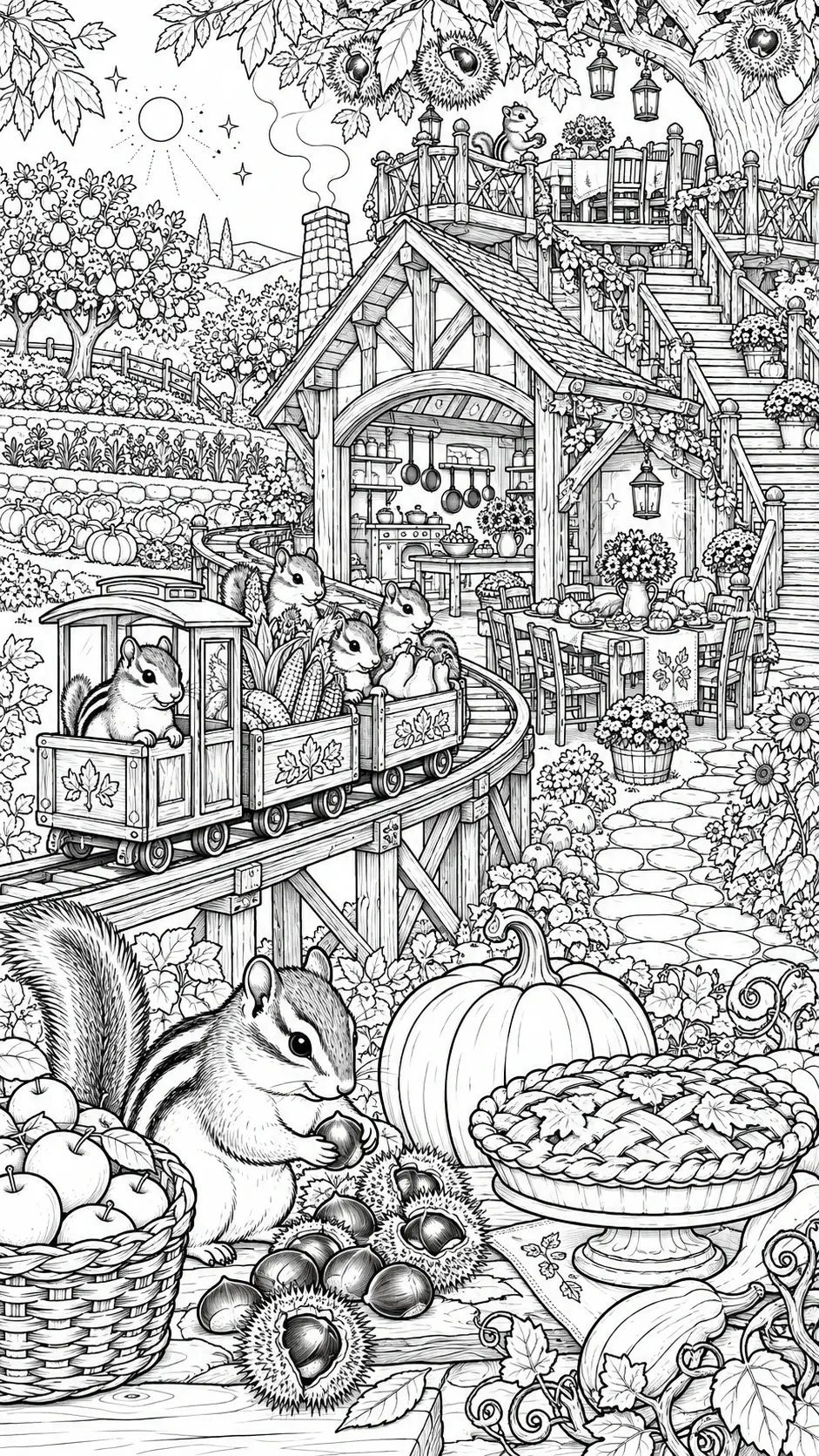 This black-and-white coloring page shows several squirrels gathering nuts among a pumpkin, pie, flowers, and a small garden train.