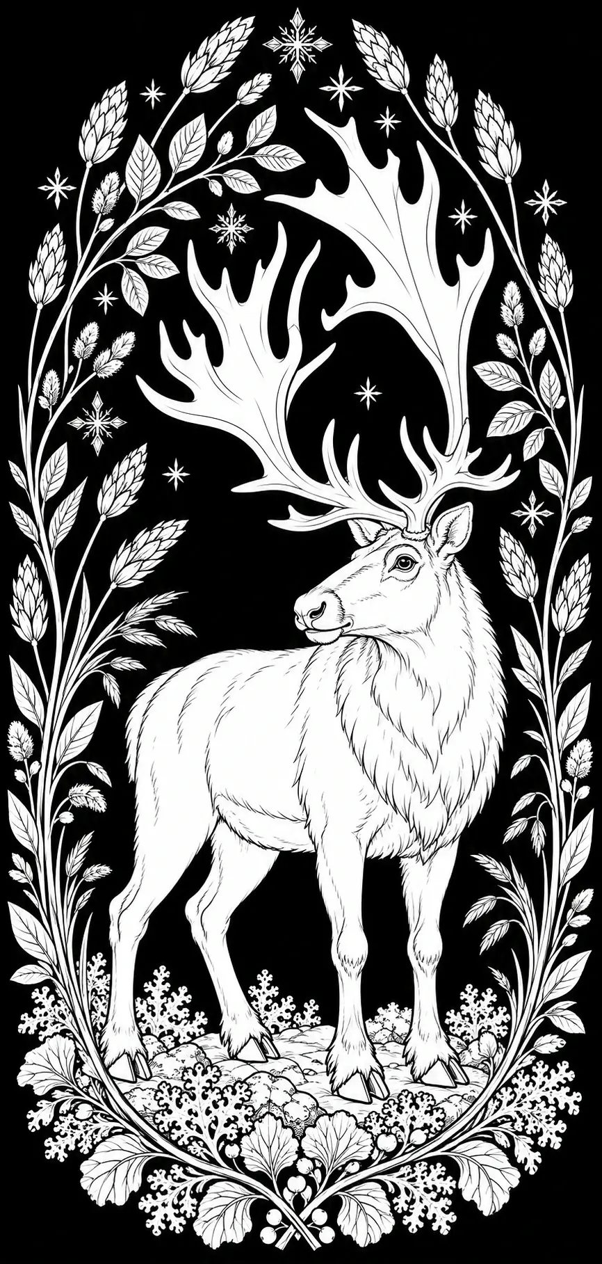 A black-and-white coloring page shows a stag with enormous branching antlers among leafy stems, wheat-like sprigs, snowflakes, and ground plants.
