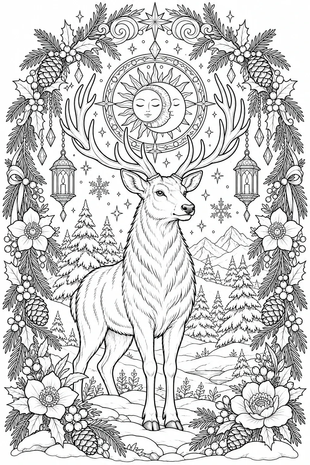 A stag coloring page shows a deer with large antlers in a winter woodland scene framed by pine branches, pinecones, flowers, and a moon and stars.