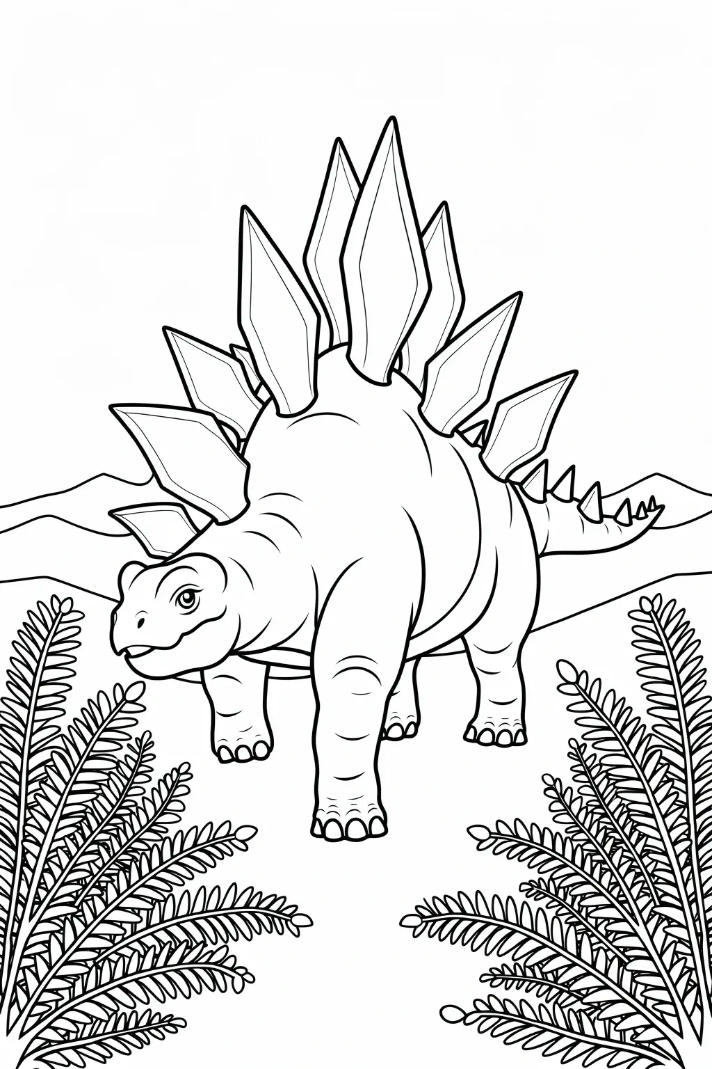 A stegosaurus standing in a prehistoric landscape with ferns and mountains, outlined as a coloring page.
