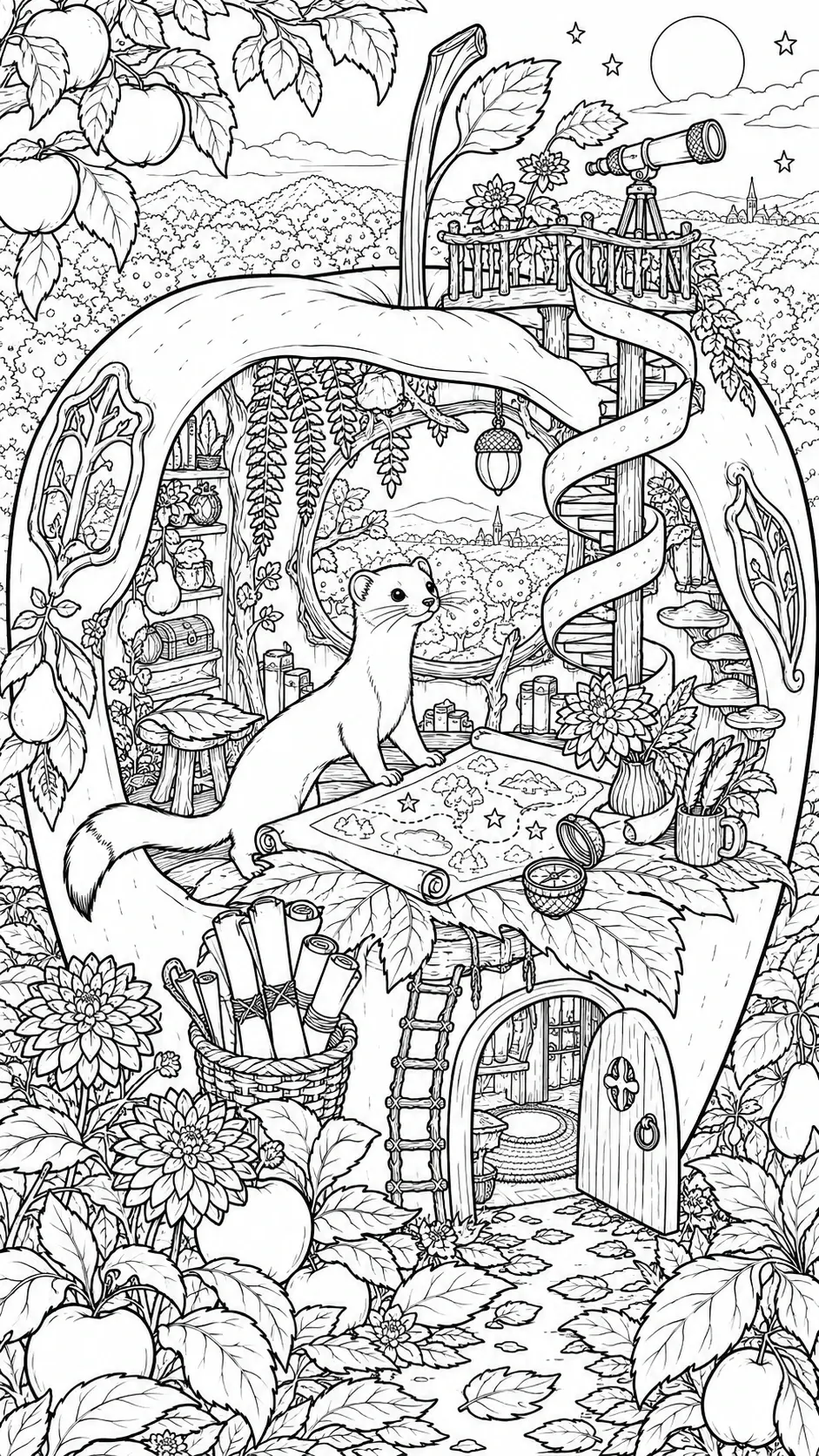 A black-and-white coloring page shows one stoat standing inside a leafy treehouse, with a spiral slide, telescope, map, flowers, and apples around it.
