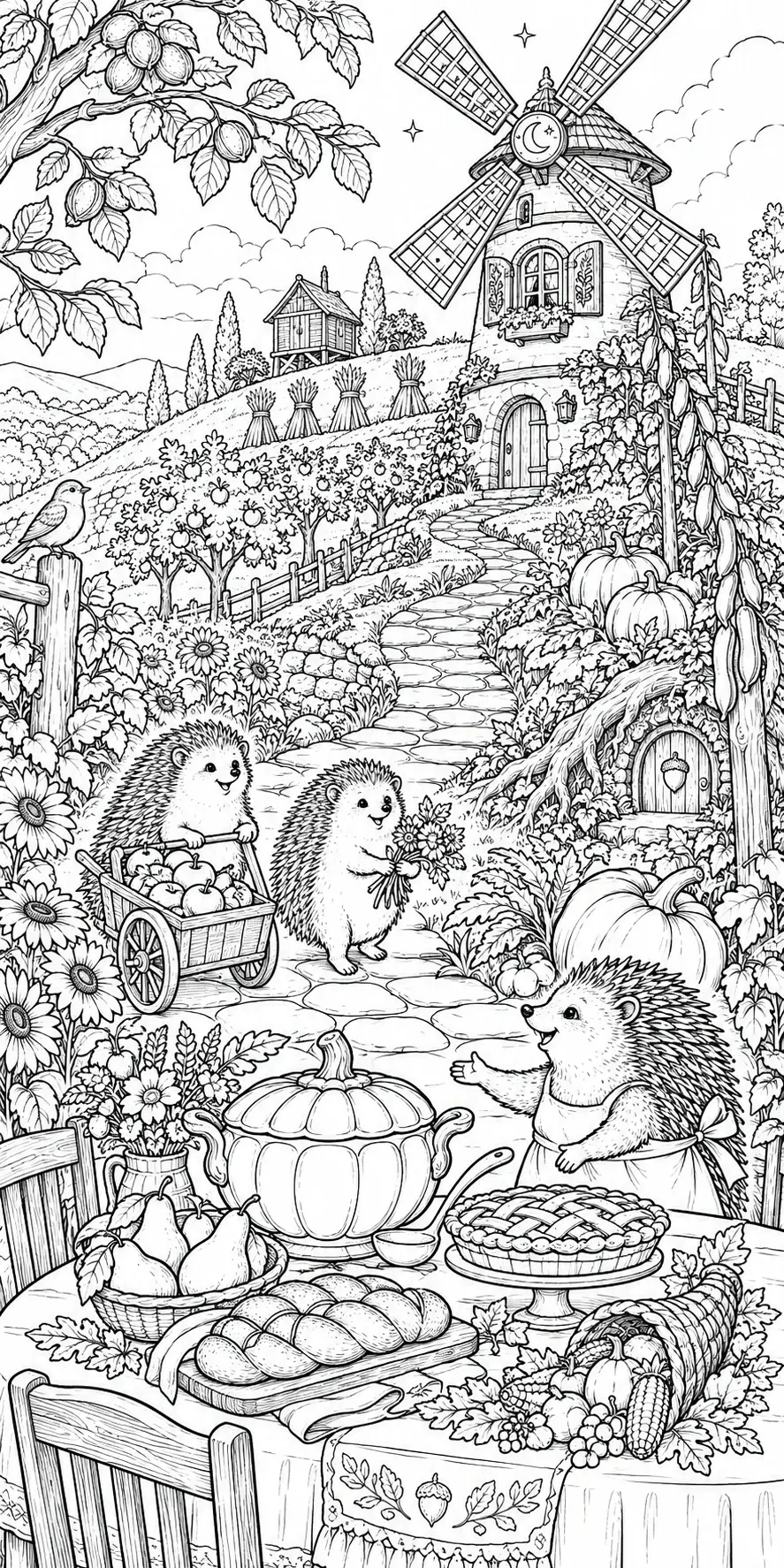 A detailed coloring page shows three hedgehogs among pumpkins, flowers, a windmill, and a table filled with harvest foods.