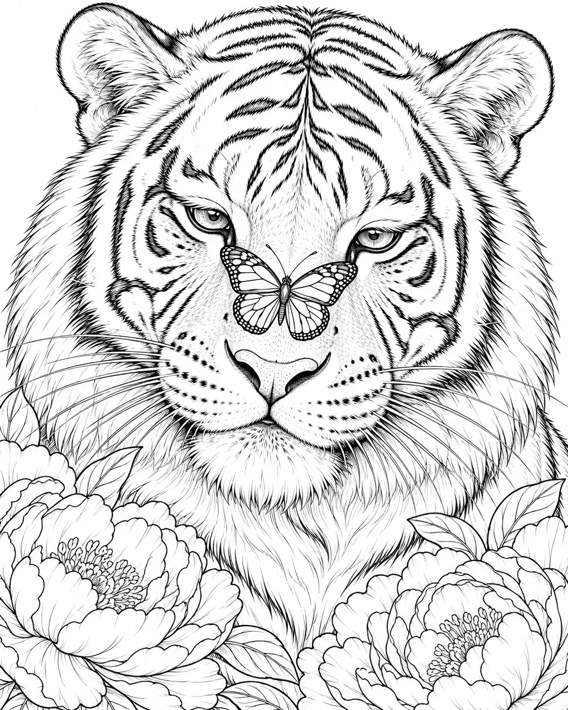 A detailed black-and-white coloring page shows a tiger’s face with a butterfly on its nose and large flowers below.
