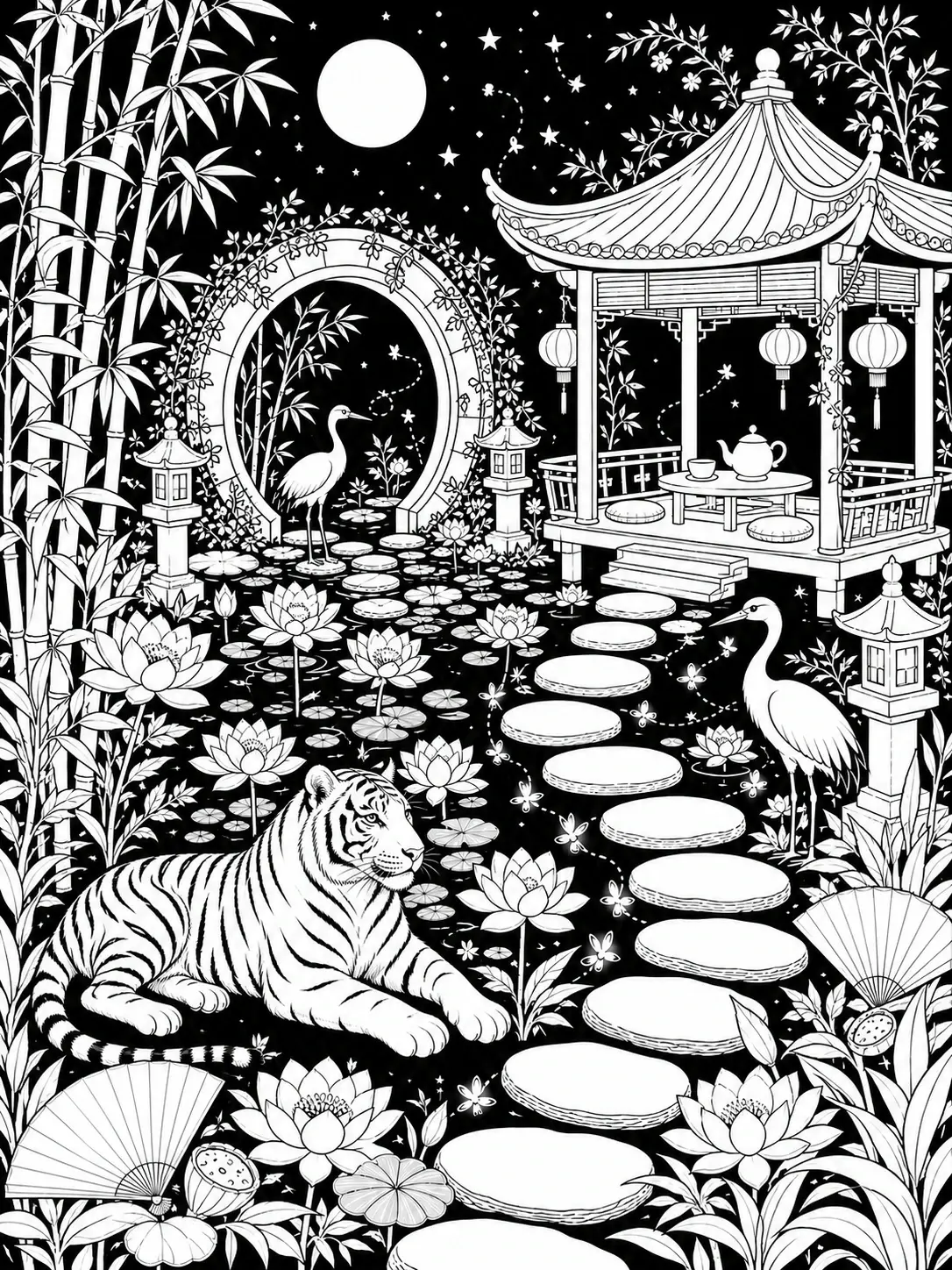 A black-and-white coloring page shows a tiger in an oriental garden with a pavilion, moon, lotus flowers, bamboo, and stepping stones.
