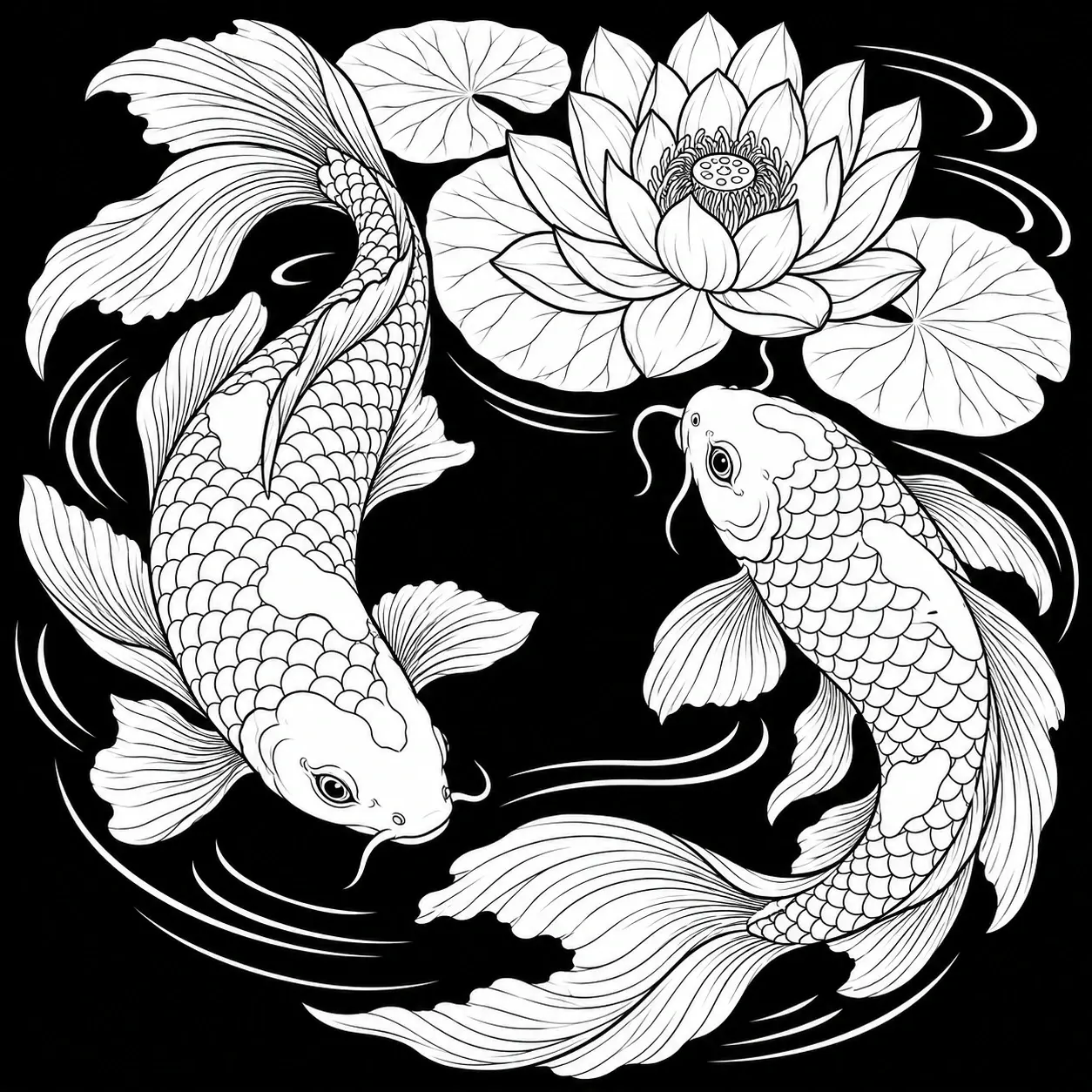 This black-and-white coloring page shows two koi fish with patterned scales swimming around a lotus flower, lily pads, and curved water lines.