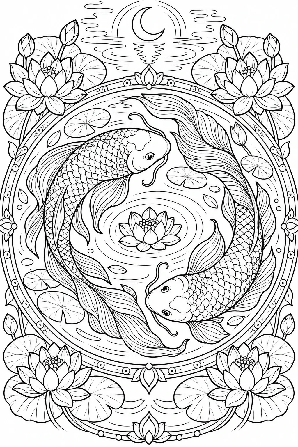 This detailed coloring page shows two koi circling a lotus flower among lily pads, with lotus blooms and a crescent moon around the border.