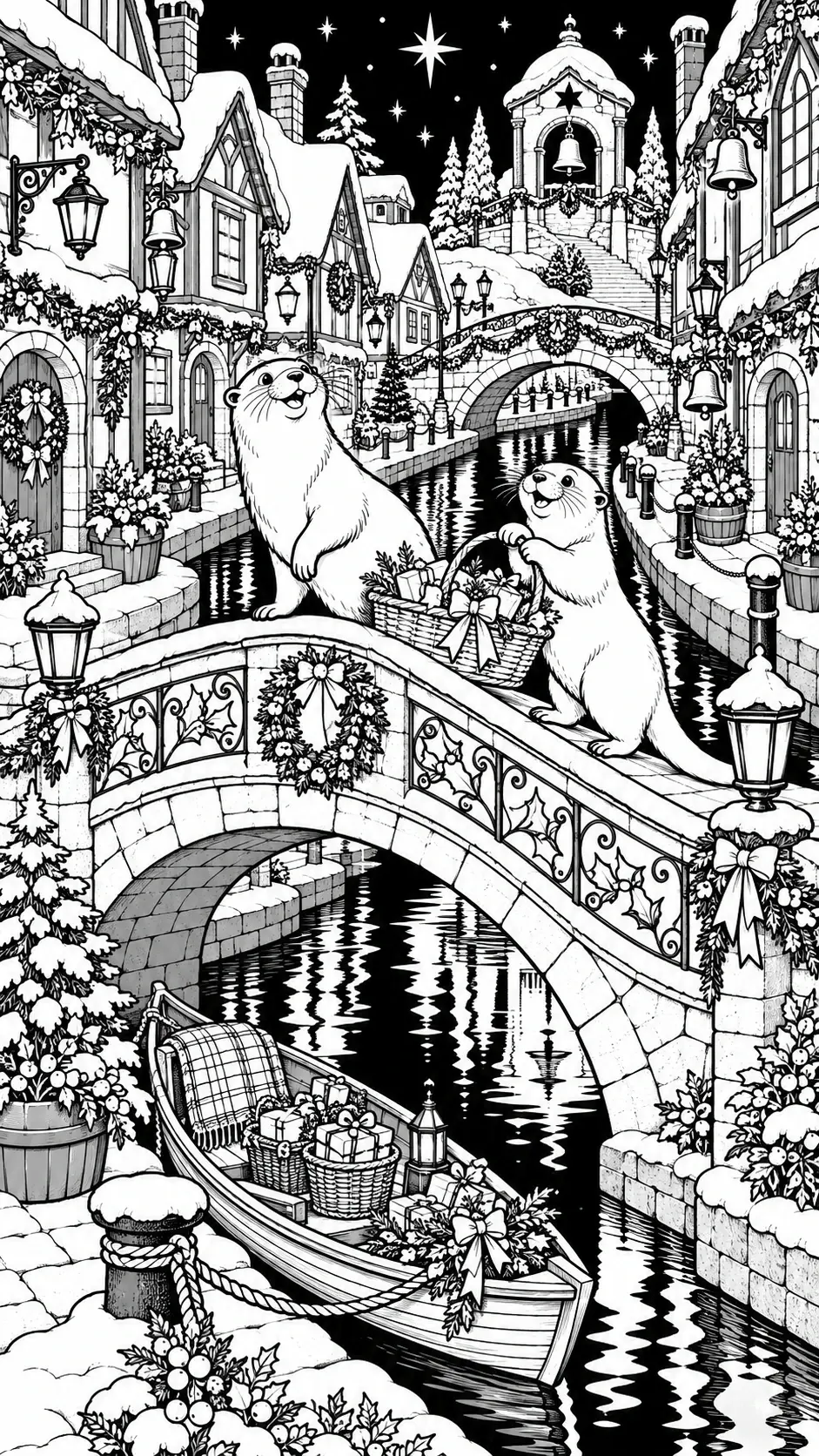 This black-and-white coloring page shows two otters on a snowy bridge above a canal, surrounded by Christmas wreaths, gifts, and village buildings.