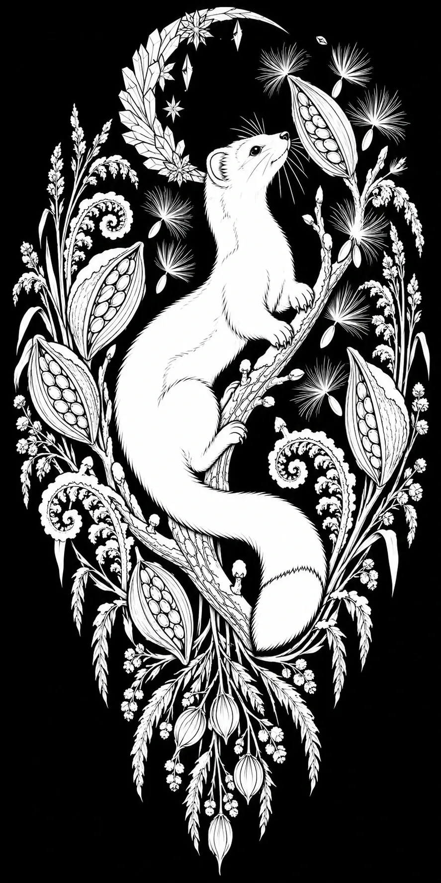 A white weasel climbs a branch amid flowers, leafy stems, open seed pods, and a curved decorative arch in this detailed coloring page.