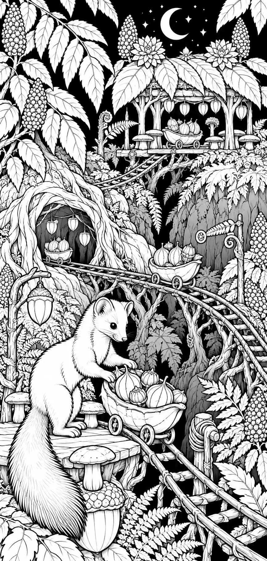 A detailed black-and-white coloring page shows a white weasel-like animal beside carts on winding rails amid mushrooms, leafy plants, and a crescent moon.