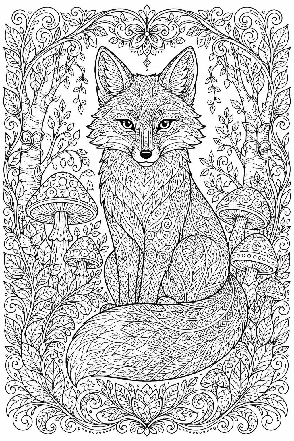 A fox coloring page with mushrooms, leaves, and an ornate floral forest frame in black-and-white line art.