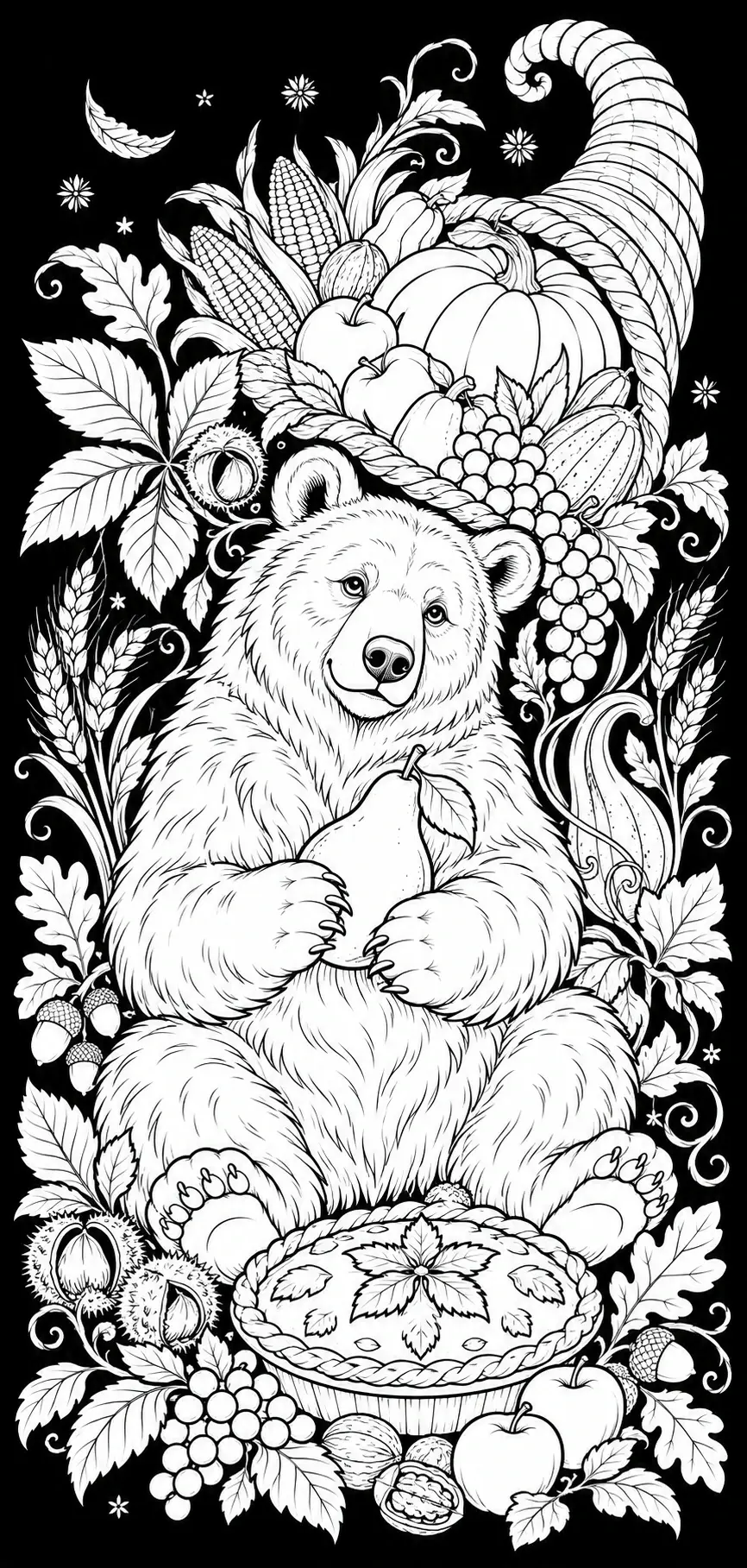 A seated bear holds a pear among autumn leaves, grapes, corn, apples, a cornucopia, and a decorative pie in this coloring page.