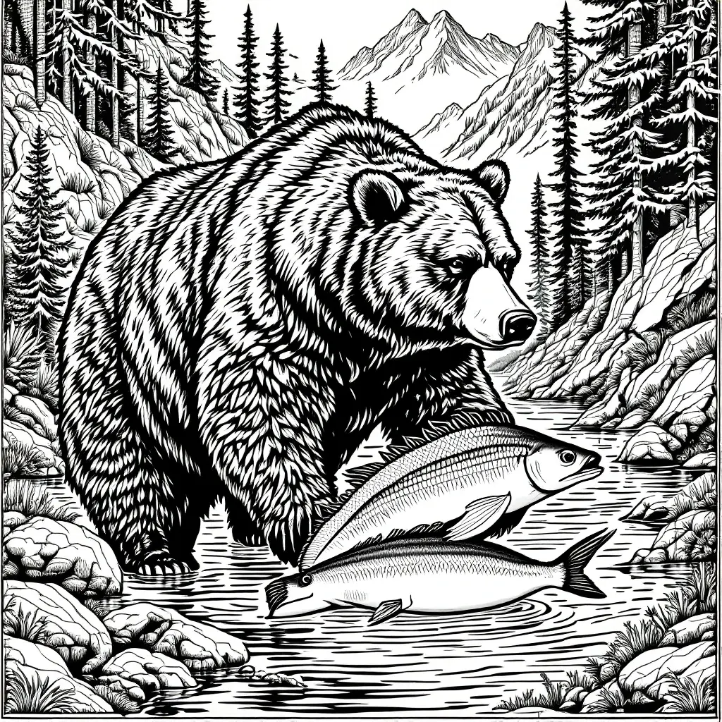 Black-and-white bear fishing in a mountain stream detailed coloring page kids' coloring page printable coloring page coloring sheets.