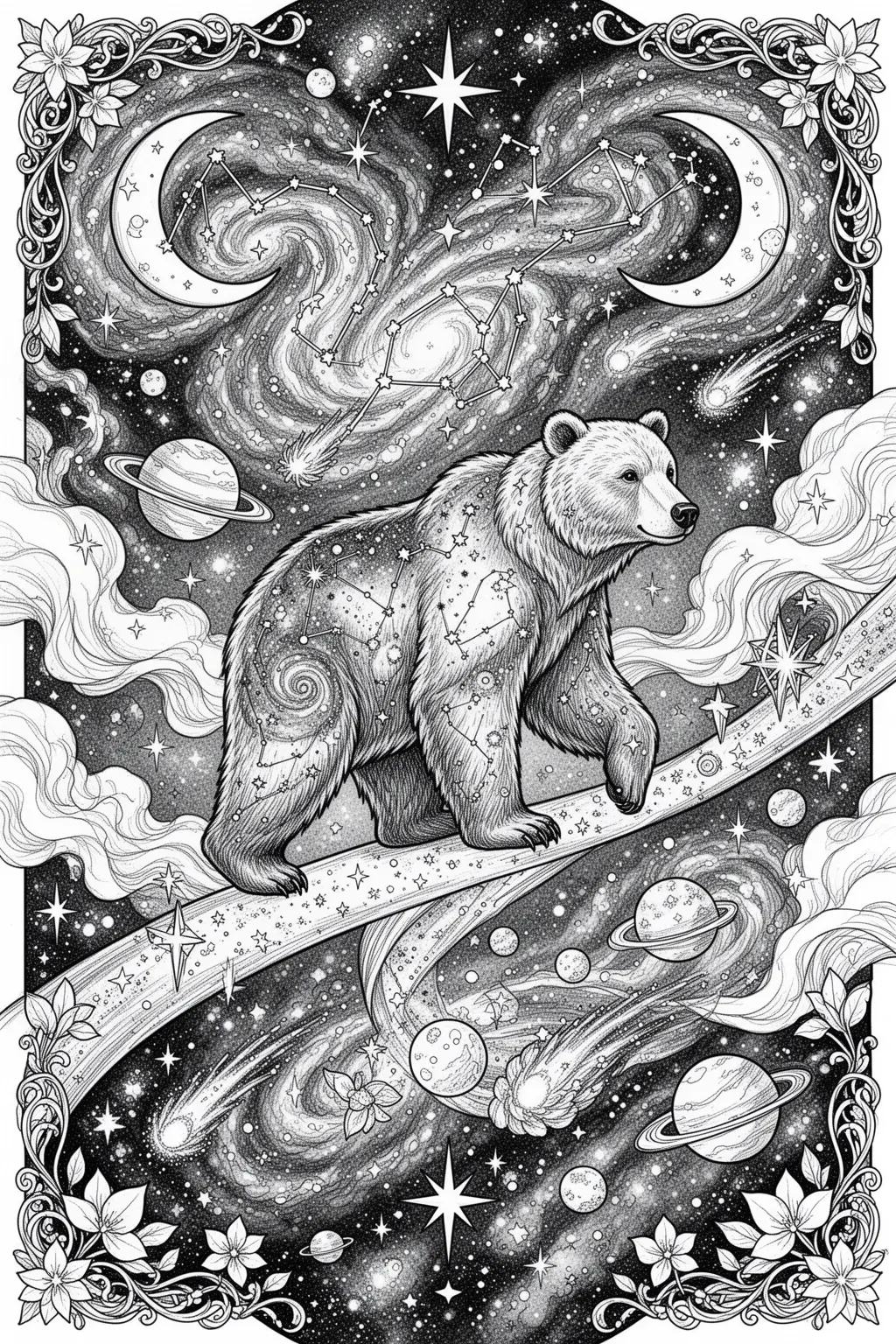 Moonlit Celestial Bear coloring page.