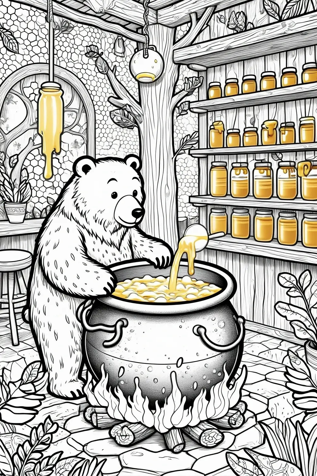 A cute bear stands in a rustic kitchen stirring and pouring honey into a large pot, surrounded by jars of honey, wooden shelves, and cozy cabin details. Detailed coloring page, kids' coloring page