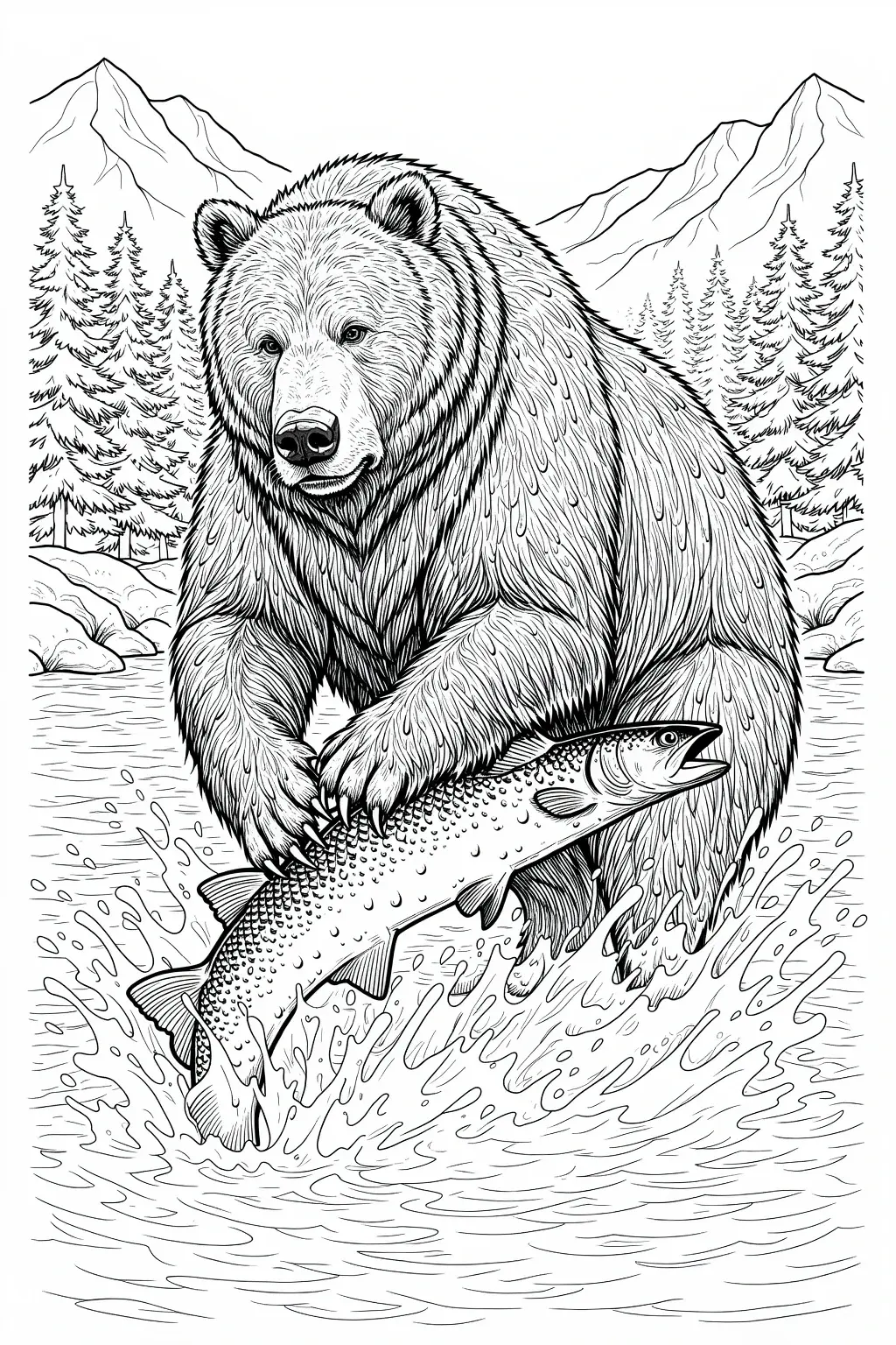 Black-and-white line art of a bear catching a salmon in a rushing stream with pine trees and mountains in the background detailed coloring page, kids' coloring page, printable coloring page and