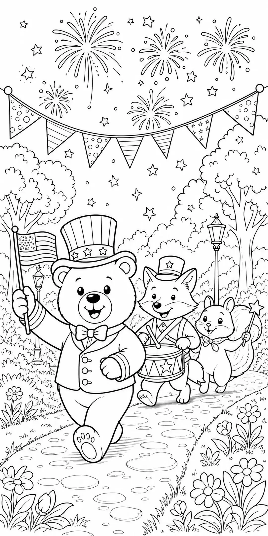 A teddy bear, fox, and squirrel in patriotic outfits walk under fireworks in a coloring page.