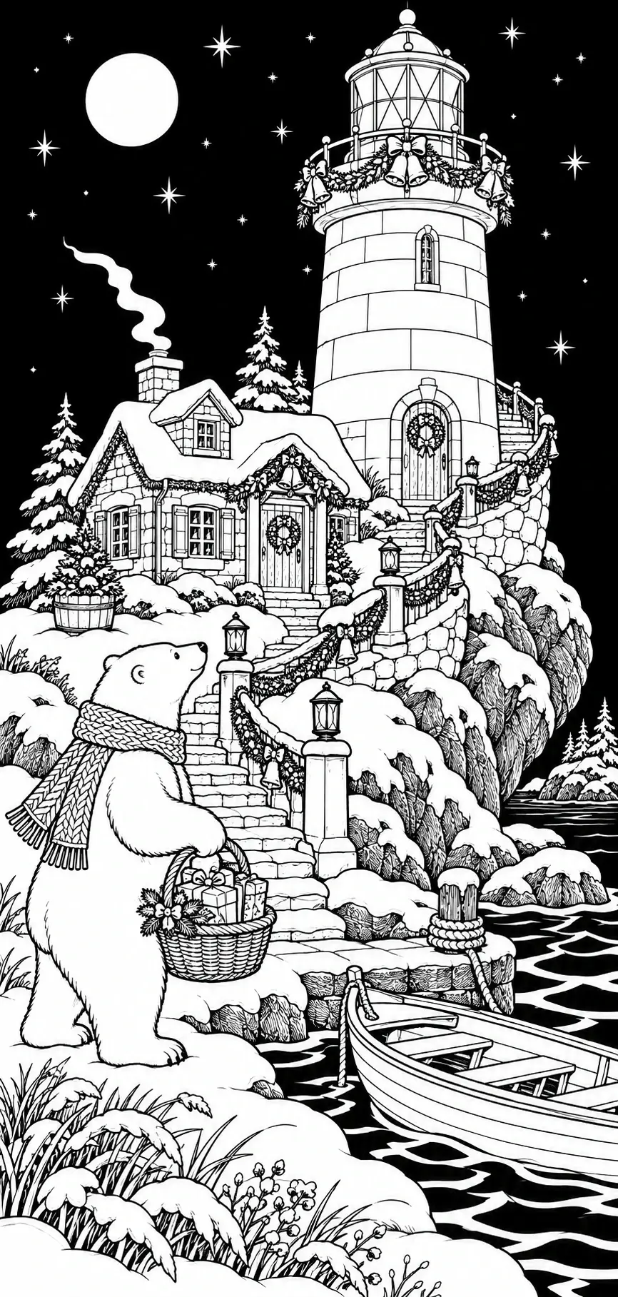A polar bear carrying a basket of gifts stands on snowy steps beside a lighthouse decorated with wreaths, bells, and garlands in this coloring page.