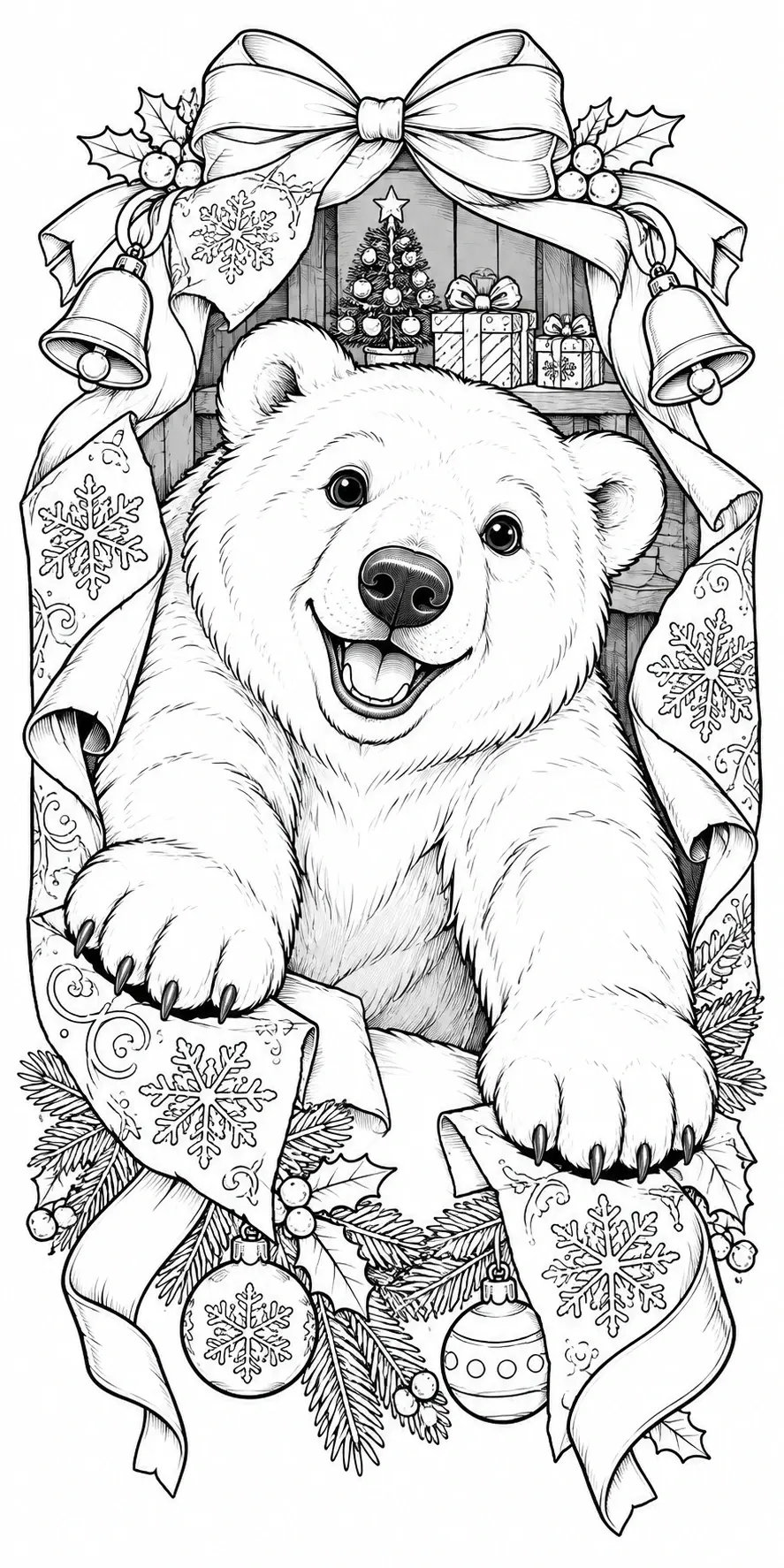 A smiling polar bear coloring page framed by a large ribbon, snowflakes, ornaments, and holiday greenery.