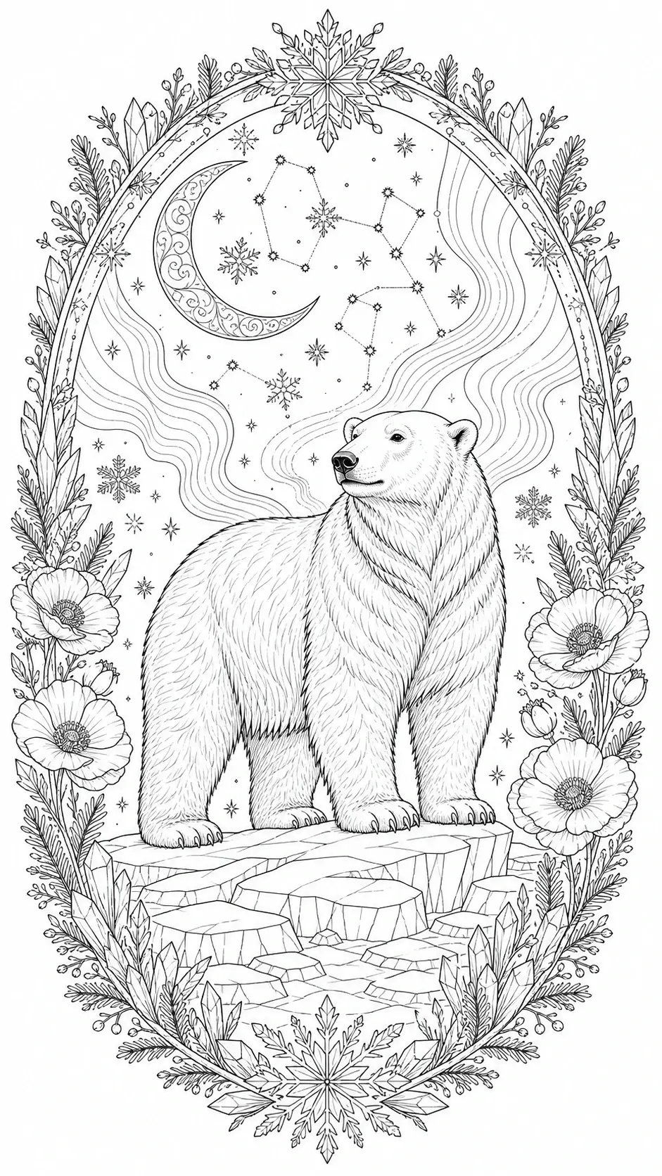 A polar bear stands on icy rocks beneath a moon and starry sky coloring page.