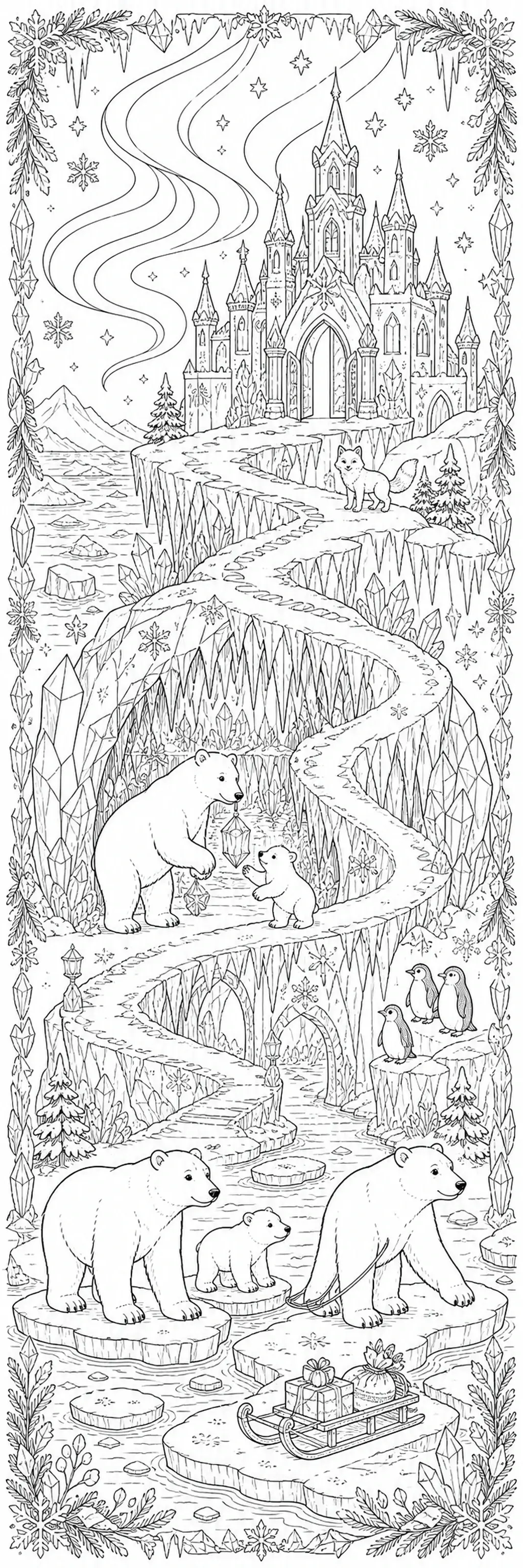 A coloring page showing polar bears on winding icy paths near a tall ice palace with snowflakes, penguins, and a fox.