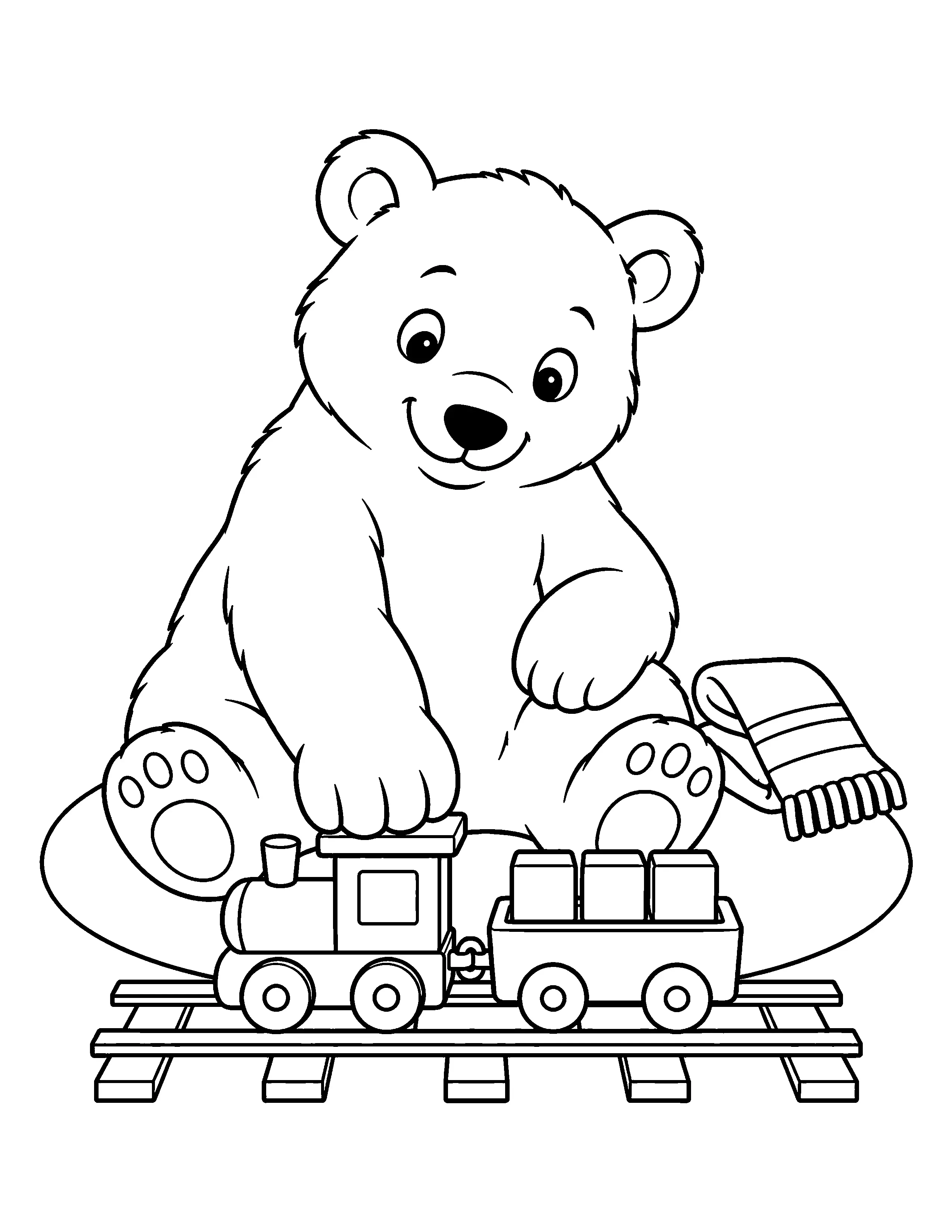 A smiling teddy bear sits behind a toy train carrying blocks on railroad tracks in this black-and-white coloring page.