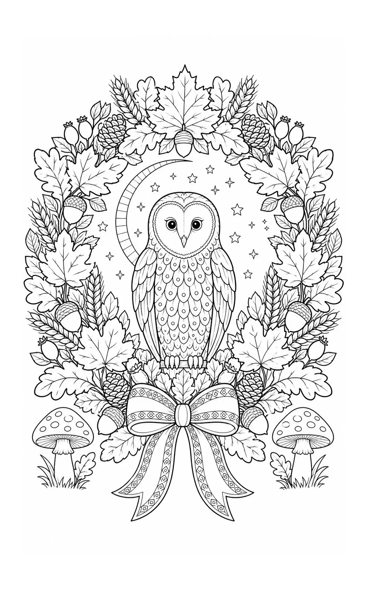 A black-and-white owl coloring page framed by autumn leaves, acorns, stars, a bow, and mushrooms.