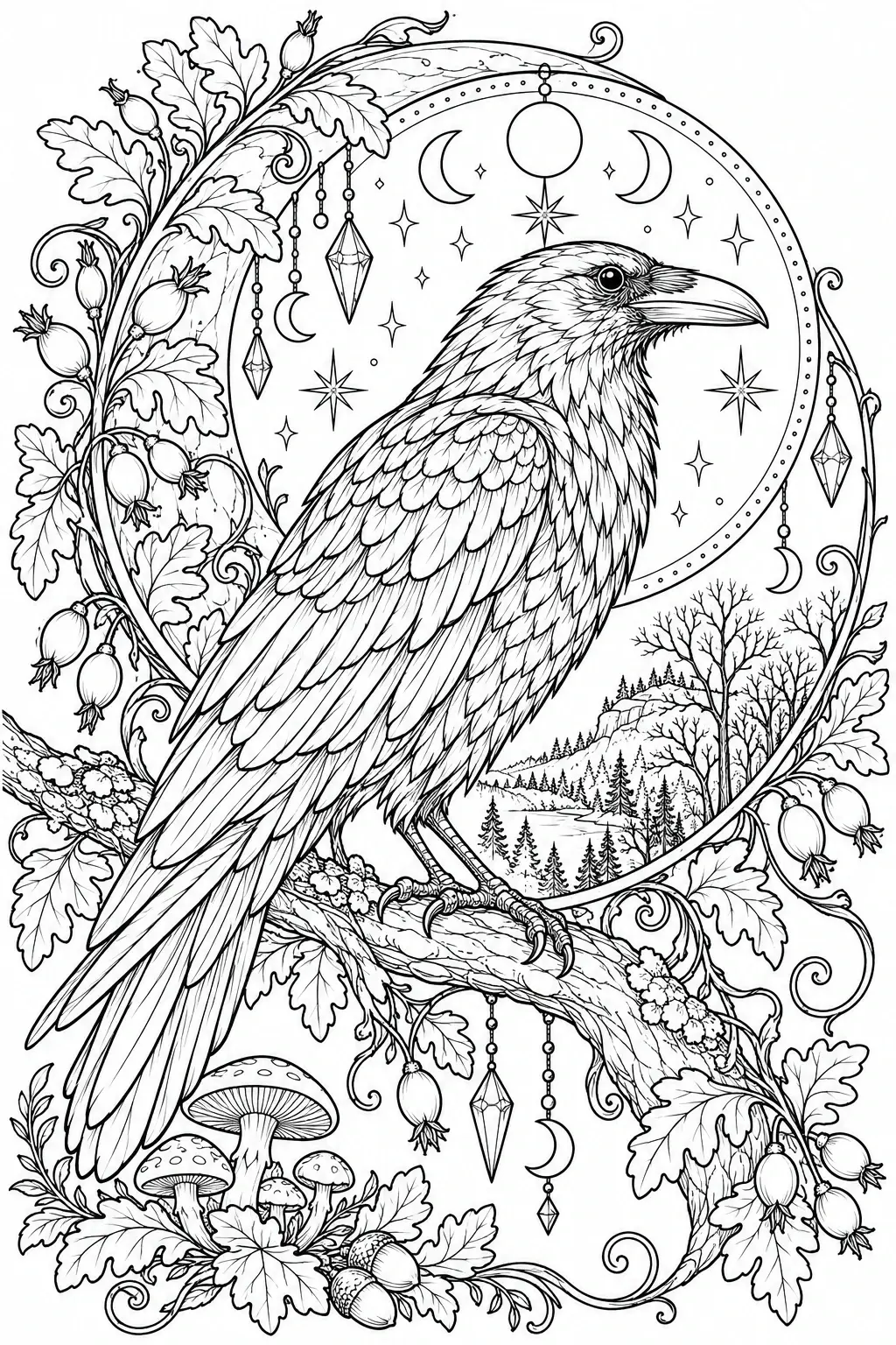 A detailed raven coloring page shows a bird perched among oak leaves, acorns, mushrooms, and moon phases in black-and-white line art.